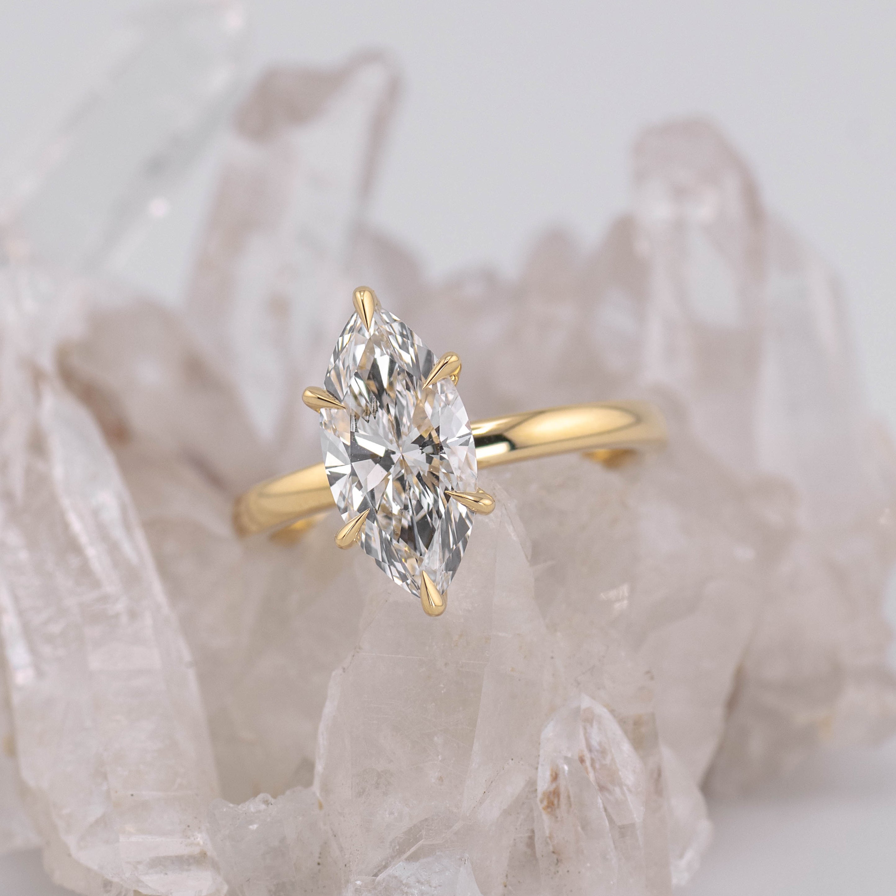 (Ready to Ship Size M) - Milan 2.0 – 6 Claw 2.07ct E VVS2 Marquise Solitaire in 18k Yellow Gold
