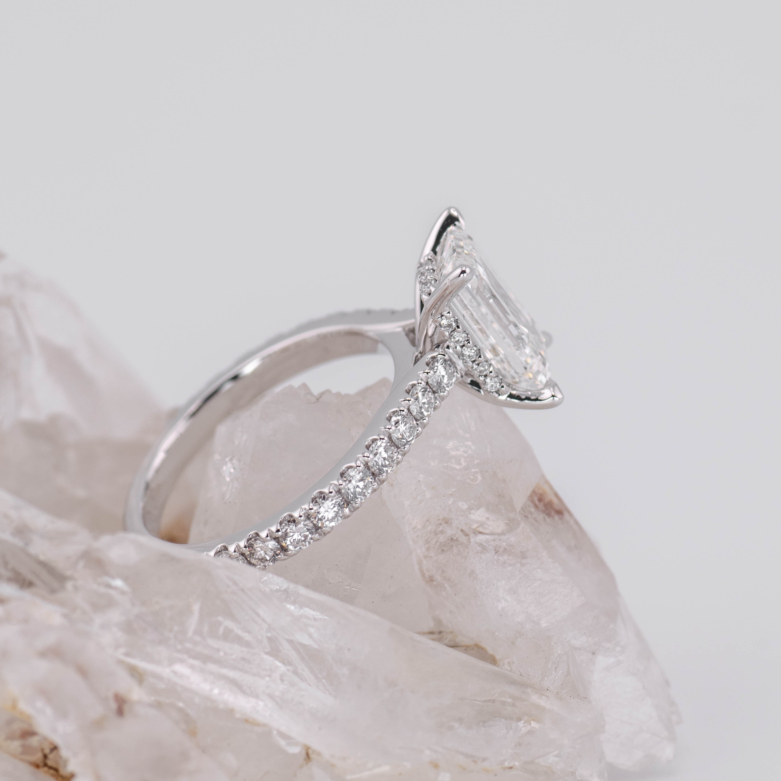 (Ready to Ship Size M) 2.58ct F VVS2 Emerald Solitaire with Hidden Halo & 3/4 Pave Band in 14k White Gold