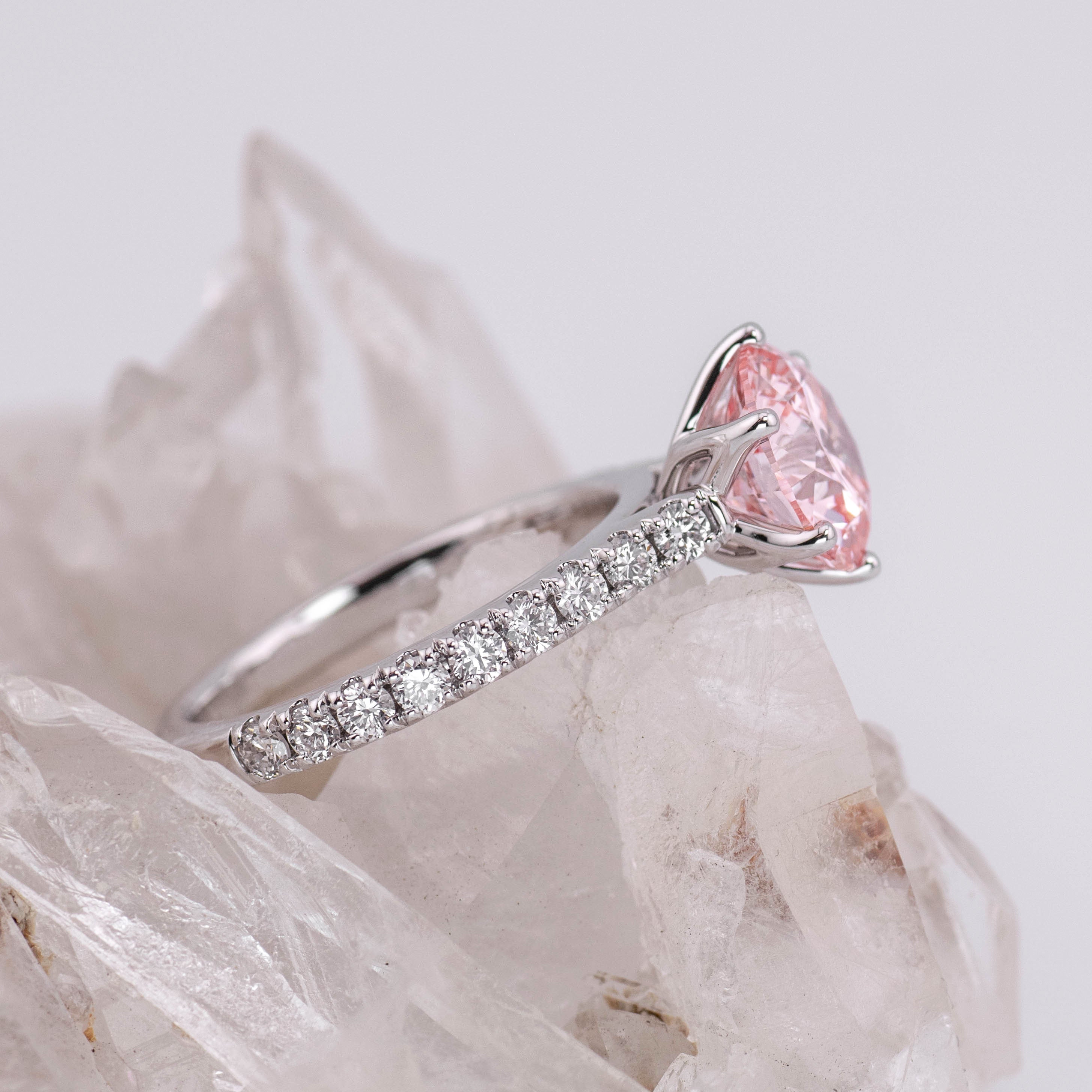 (Ready to Ship Size M) - Pink Petal Pave Solitaire – 6 Petal Claw 2.51ct VVS2 Fancy Intense Pink in 18k White Gold