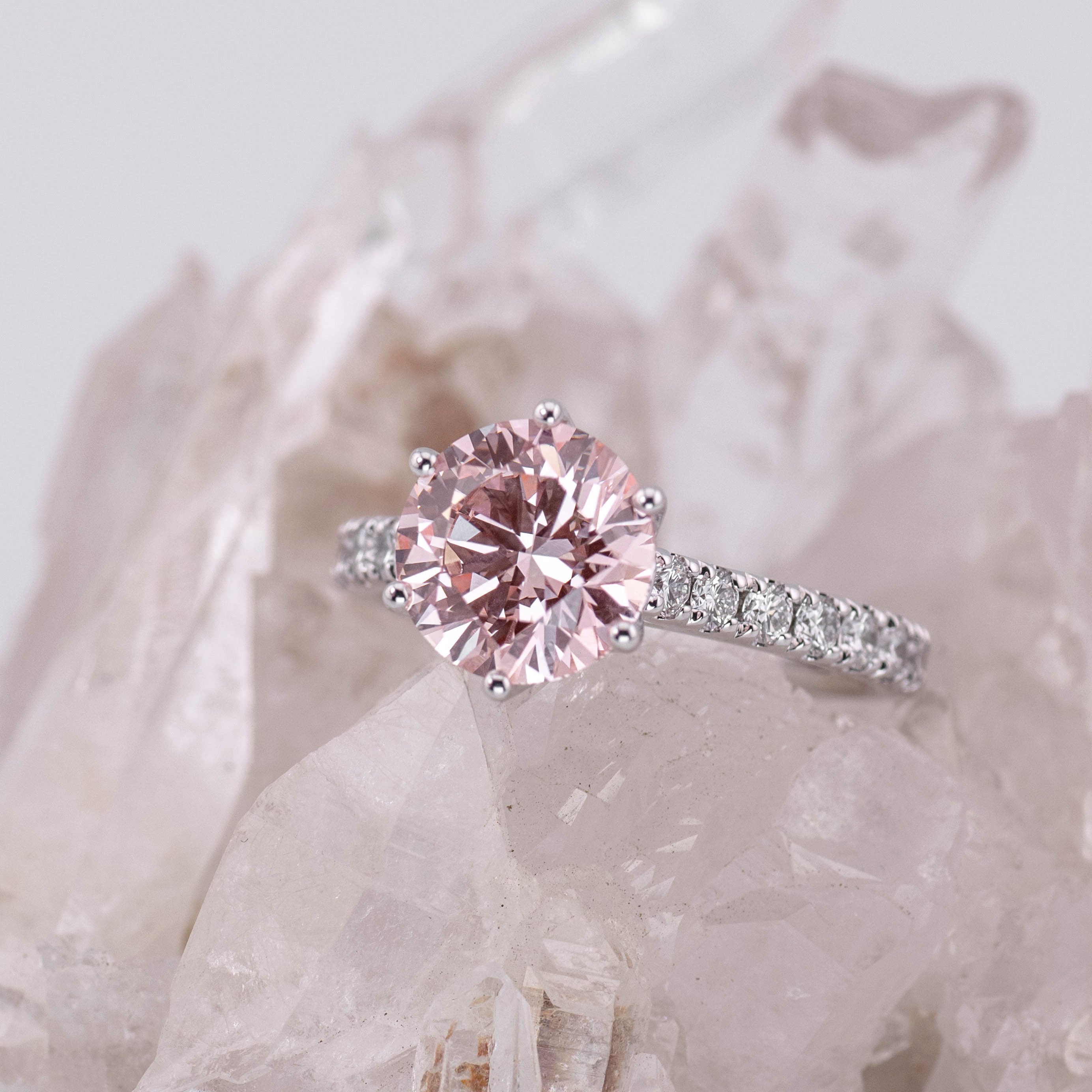 (Ready to Ship Size M) - Pink Petal Pave Solitaire – 6 Petal Claw 2.51ct VVS2 Fancy Intense Pink in 18k White Gold