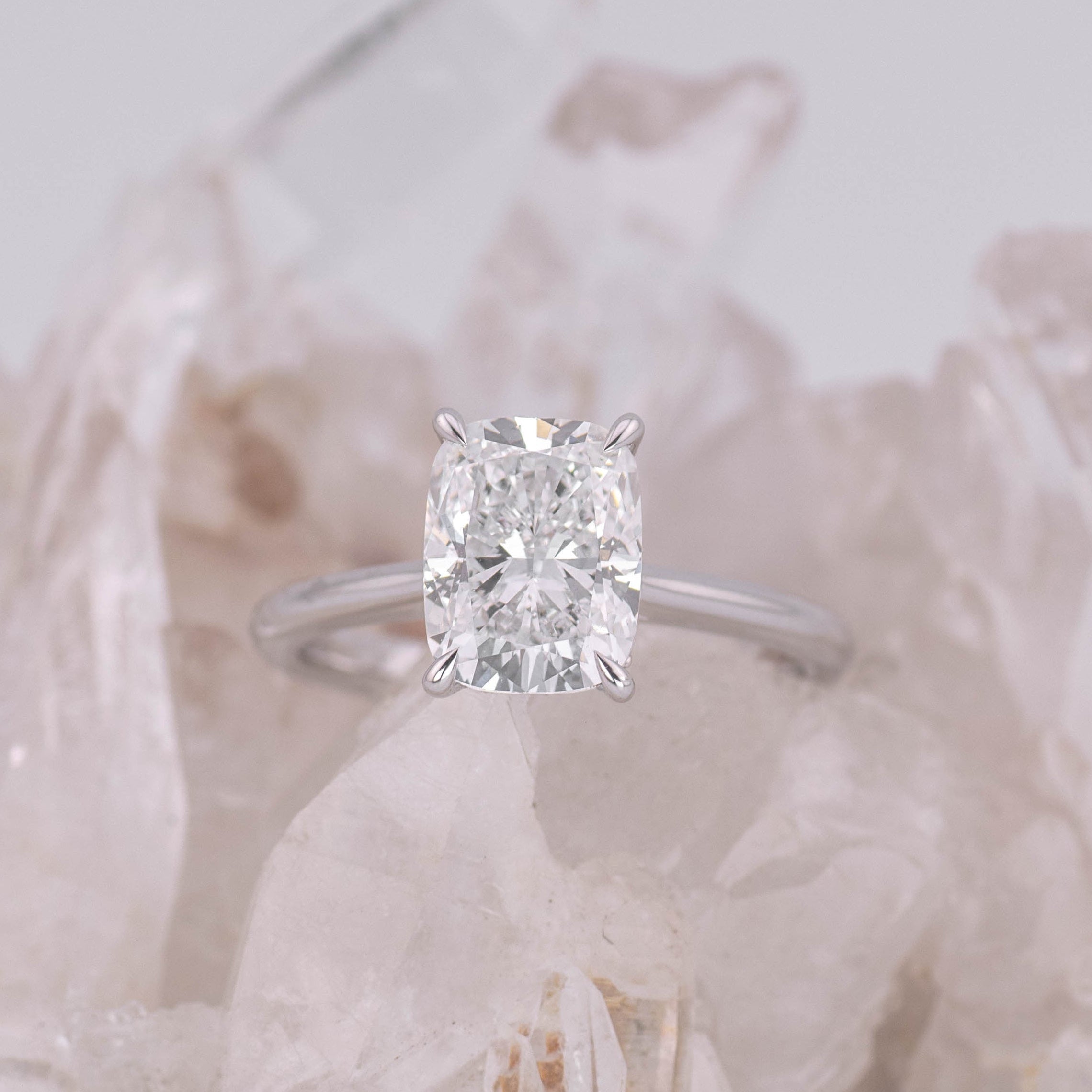 (Ready to Ship Size M) - Ruth 2.5 – Cathedral & Hidden Halo Elongated Cushion 2.52ct D VVS2 Solitaire in 18k White Gold