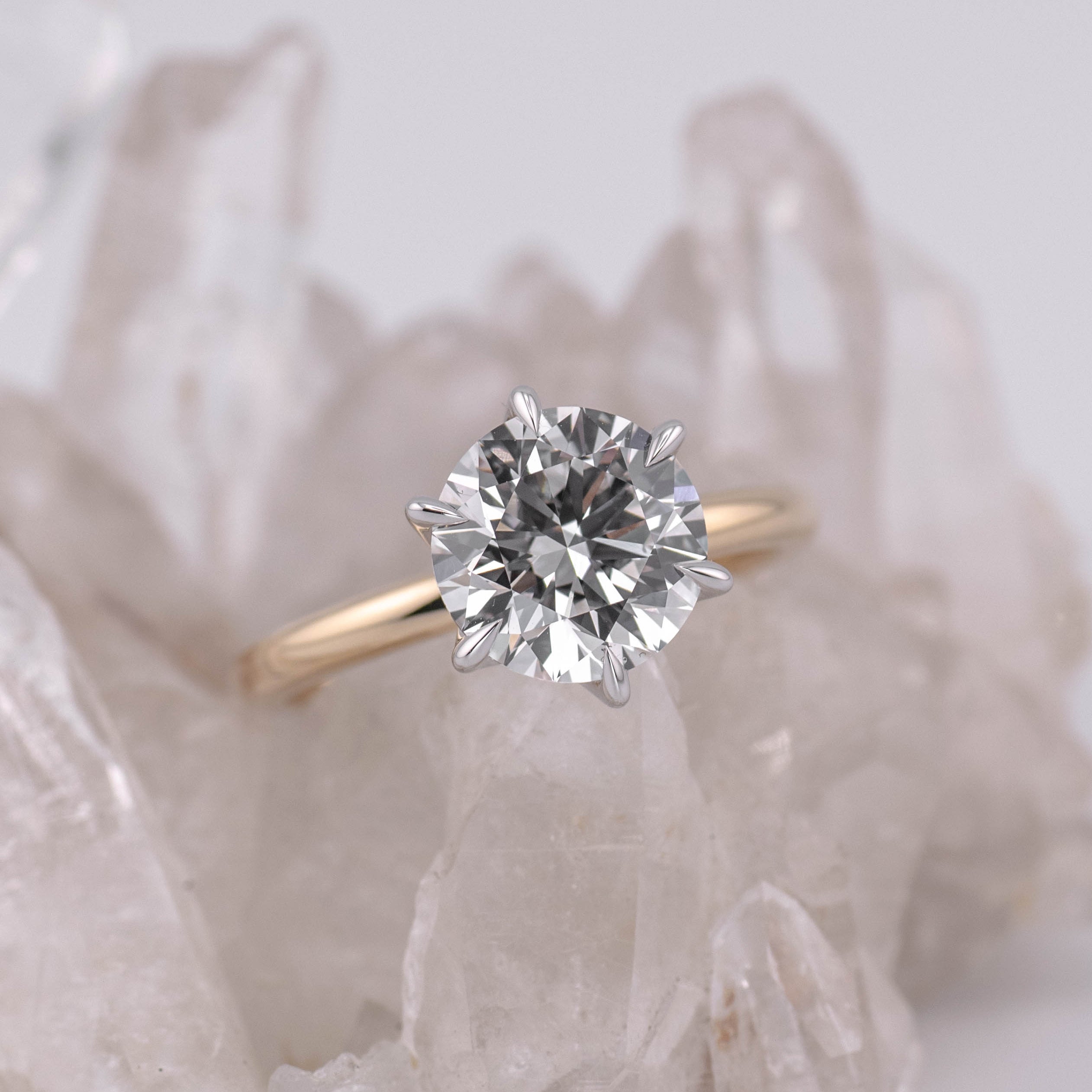 (Ready to Ship Size M) - Petal 2.5 – 6 Petal Claw 2.55ct E VVS2 Round Solitaire in 2 Tone 14k Gold