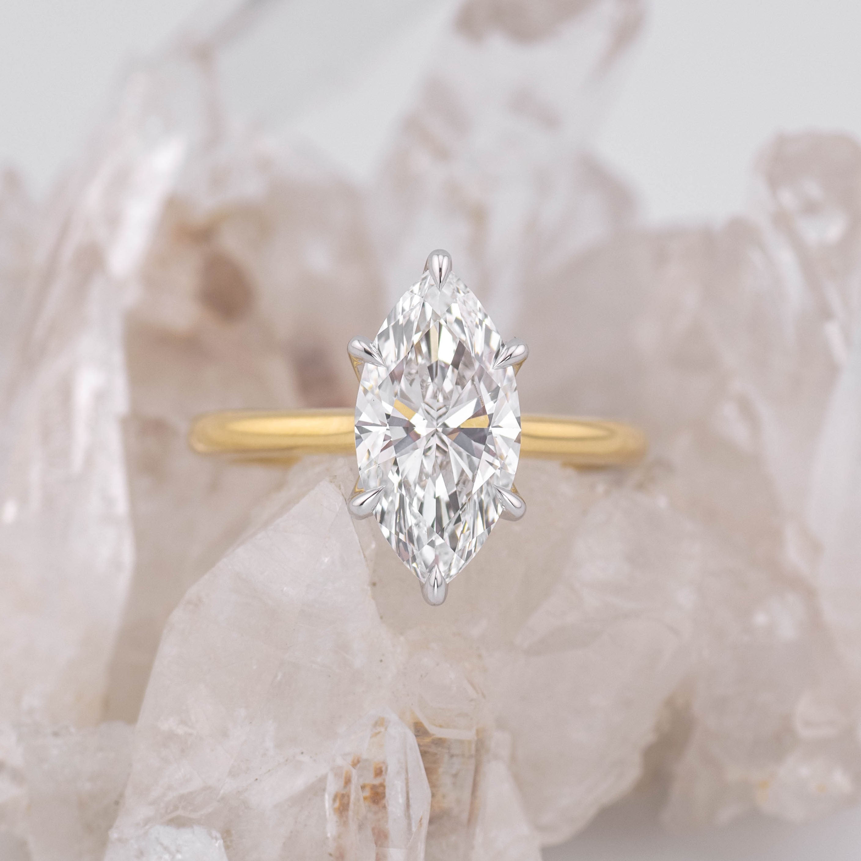 (Ready to Ship Size M) - Petal Marquise – 6 Claw 2.59ct E VVS2 Marquise Solitaire in 2 Tone Yellow and White Gold