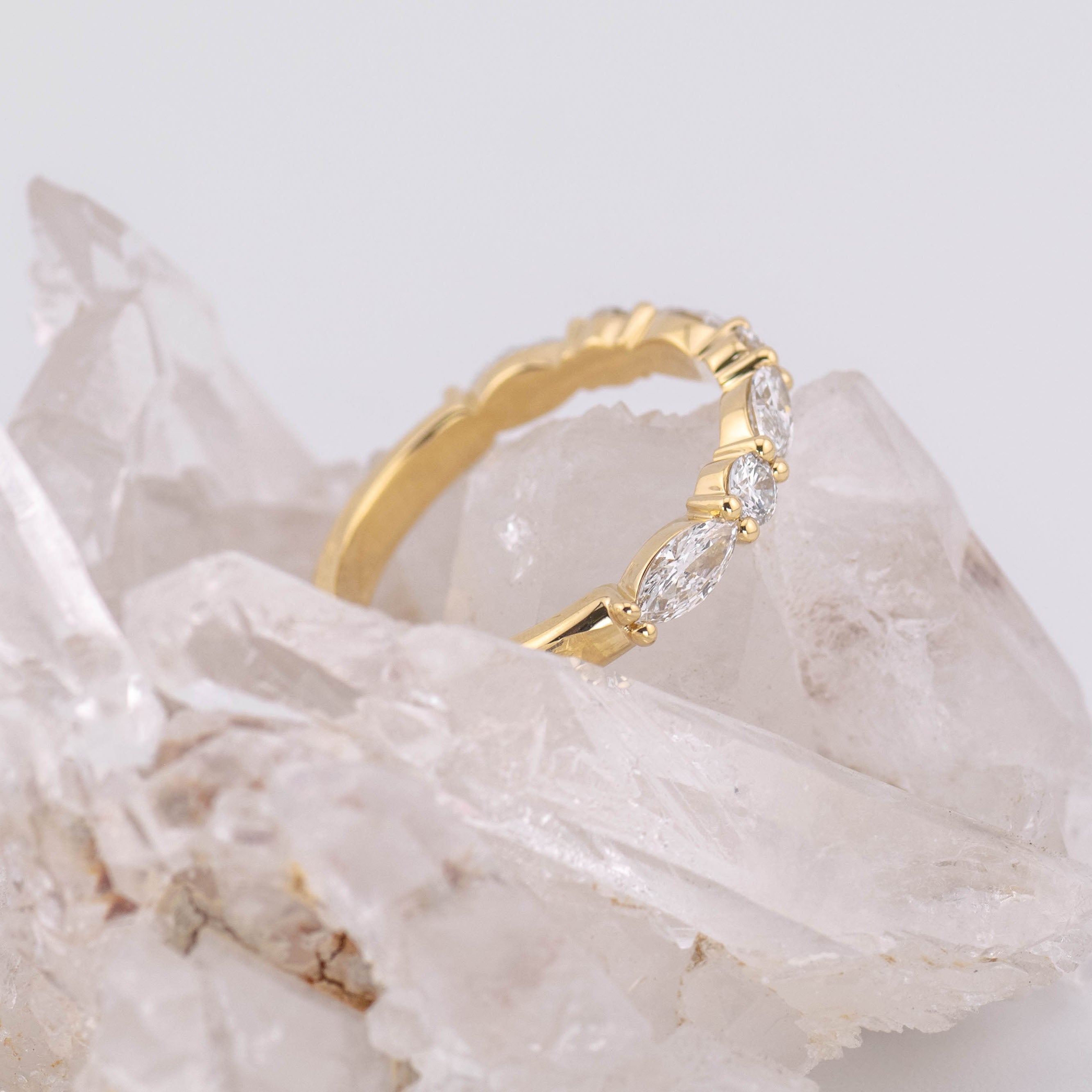 (Ready to Ship Size M) Morgan 1/2 2.7mm Marquise & Round Wedding/Eternity Band in 18k Yellow Gold