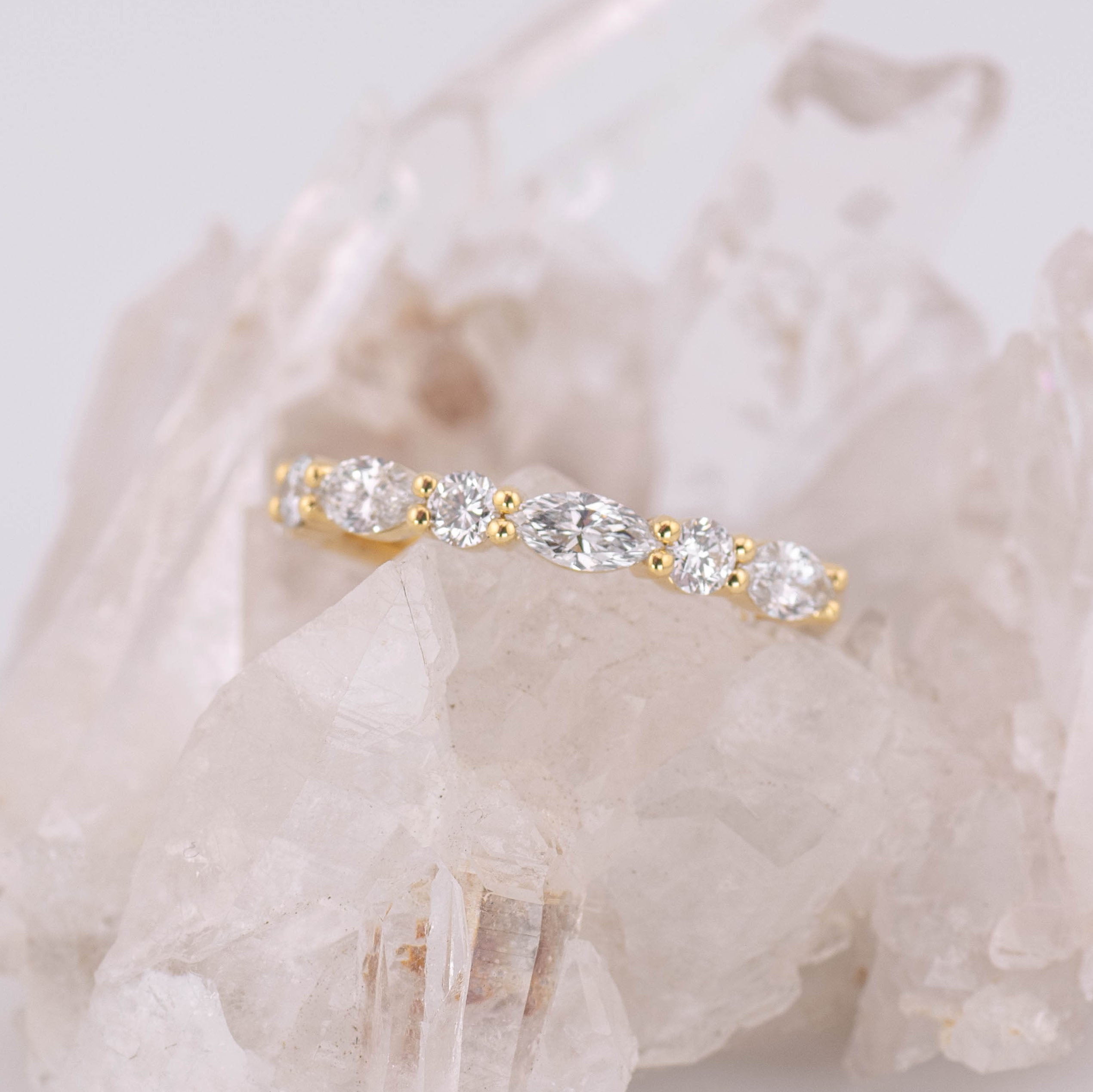 (Ready to Ship Size M) Morgan 1/2 2.7mm Marquise & Round Wedding/Eternity Band in 18k Yellow Gold