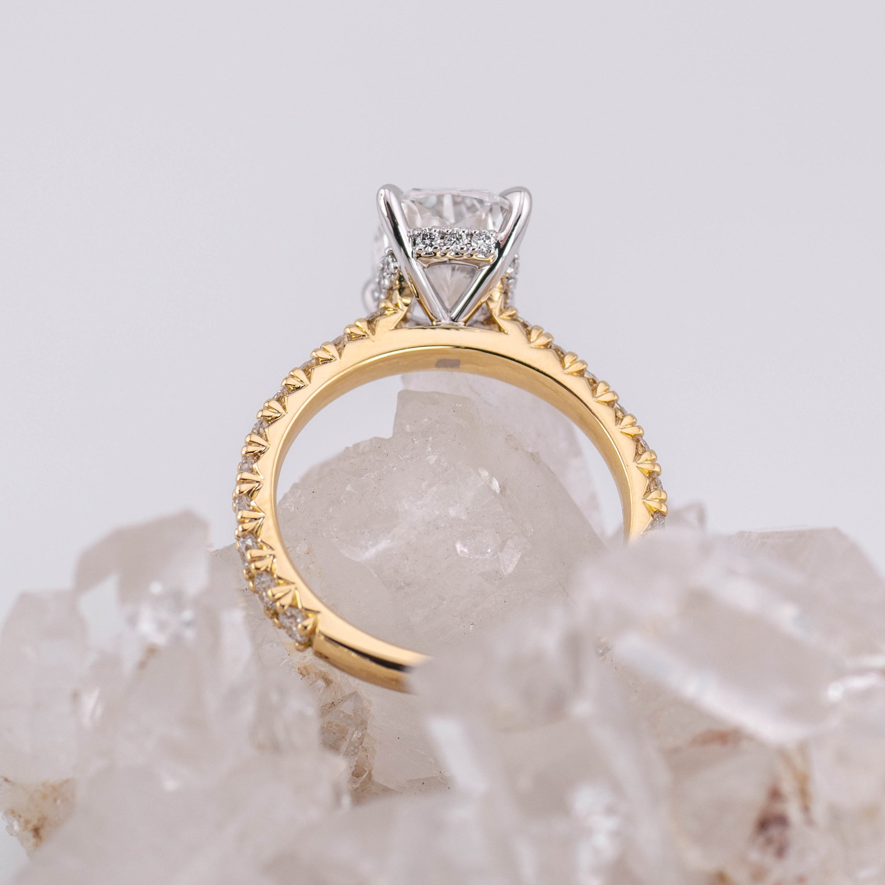 (Ready to Ship Size M) - 2.79ct Elongated Cushion Solitaire with Hidden Halo & French Pave Band 18k 2 Tone Gold