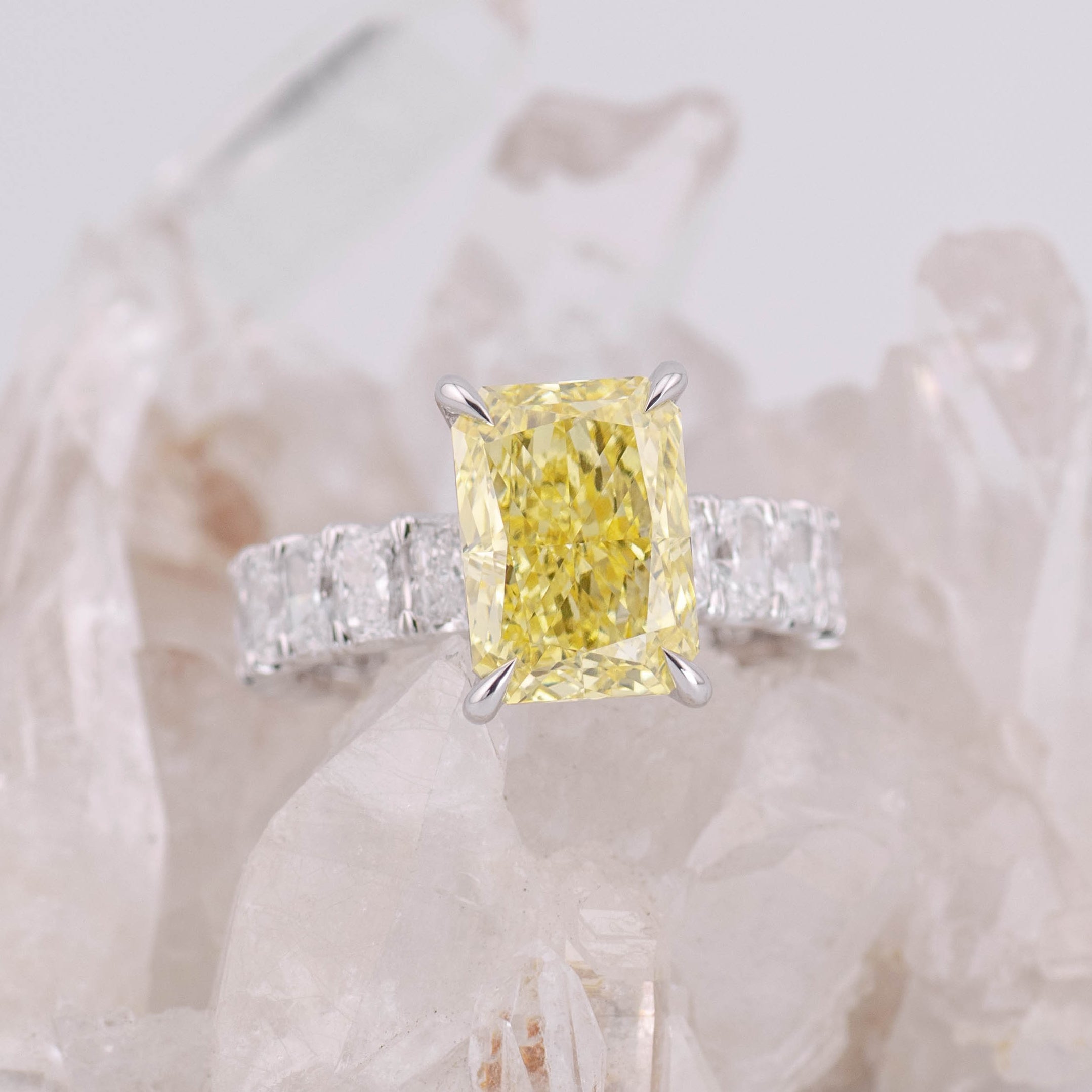 (Ready to Ship Size M) Custom 4.07ct Yellow Fancy Vivid Yellow Lab Diamond Ring in 18k White Gold