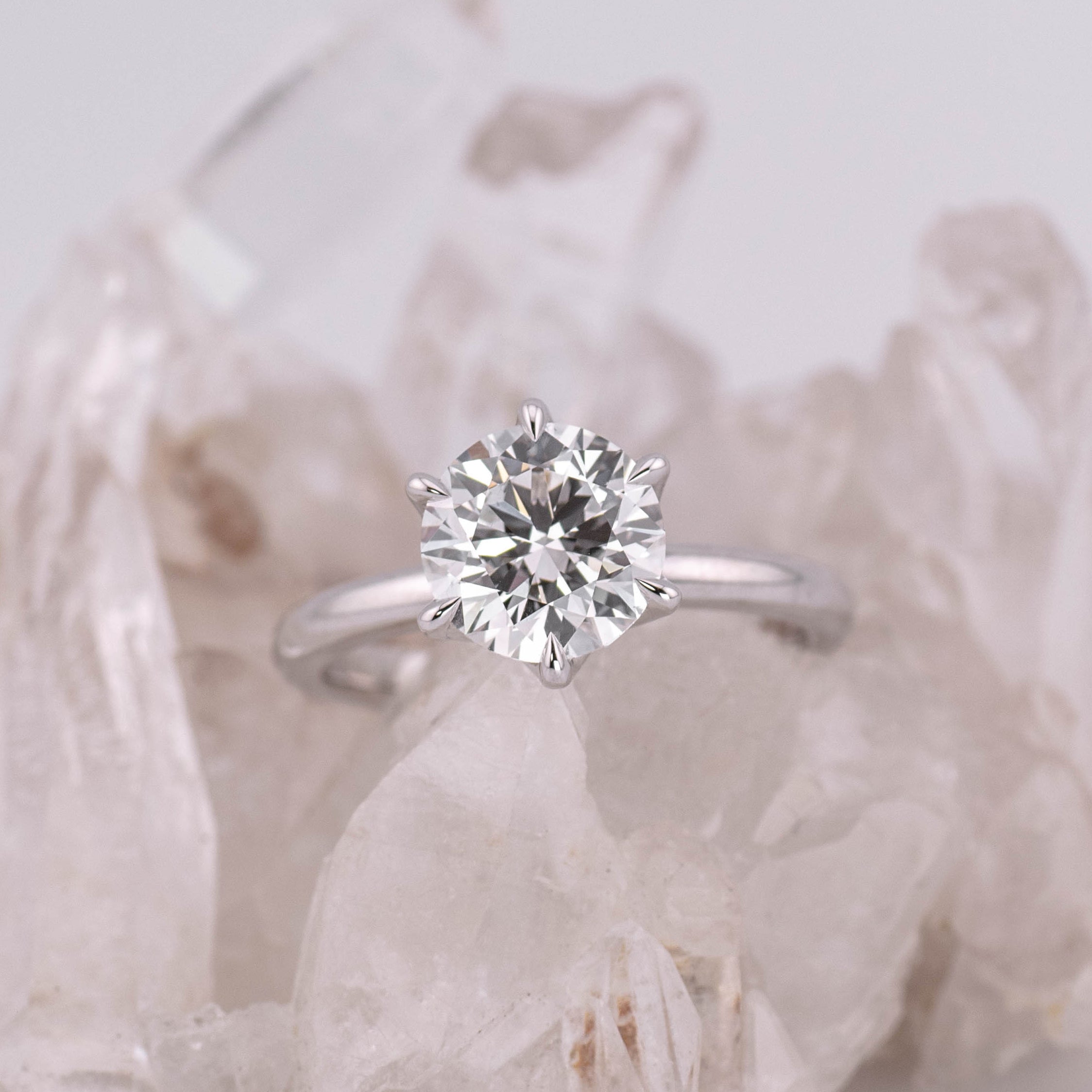 (Ready to Ship Size M) - Petal 2 – 6 Petal Claw 2.09ct E VVS2 Round Solitaire in 18K White Gold