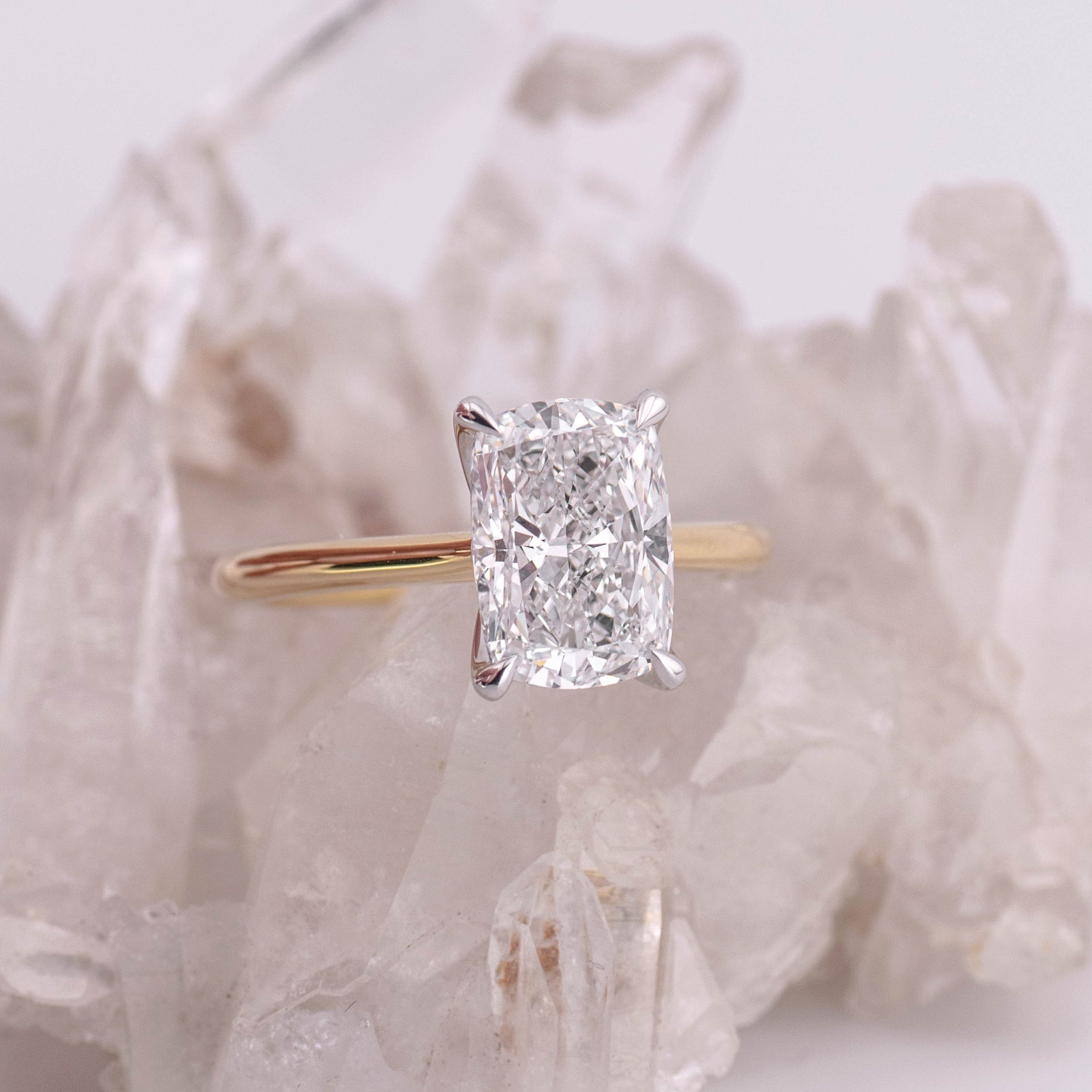 (Ready to Ship Size N) - Petal Elongated Cushion – 4 Claw 3.01ct D VVS2 Solitaire in 2 Tone 18k Yellow and White Gold