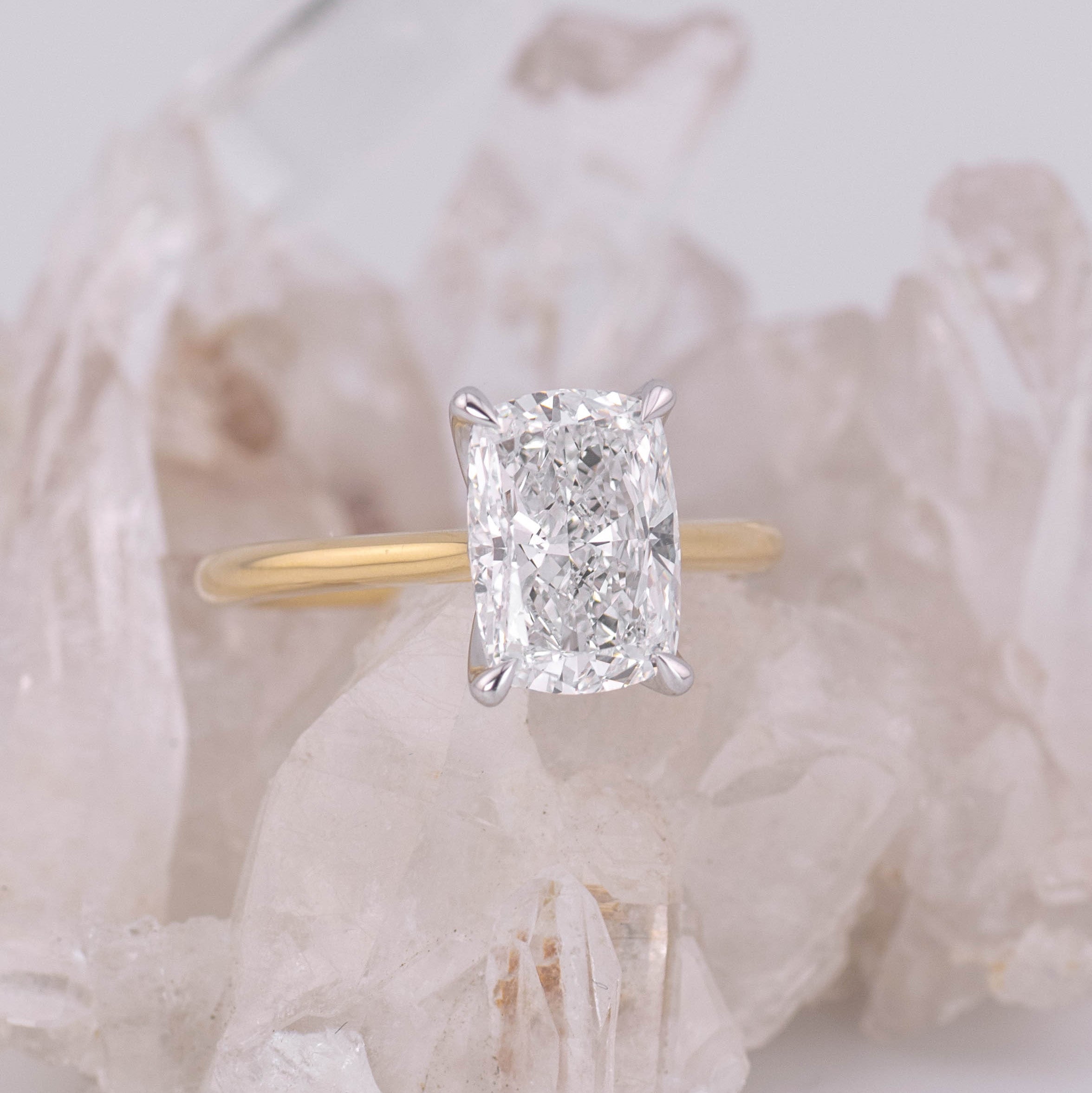 (Ready to Ship Size N) - Petal Elongated Cushion – 4 Claw 3.01ct D VVS2 Solitaire in 2 Tone 18k Yellow and White Gold