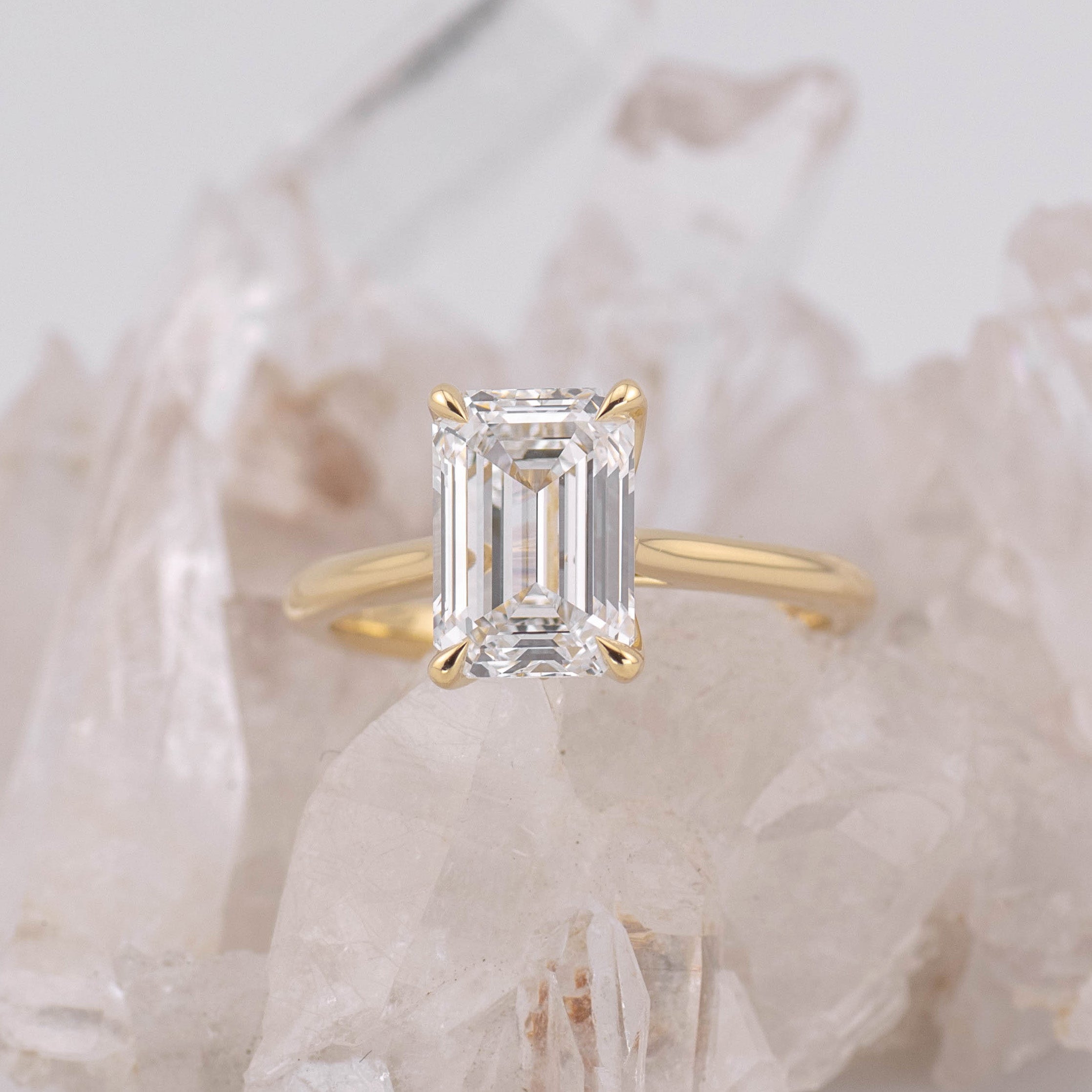 (Ready to Ship Size N) - Petal Emerald Cut – 4 Claw 3.02ct D VVS2 Solitaire in 18k Yellow Gold