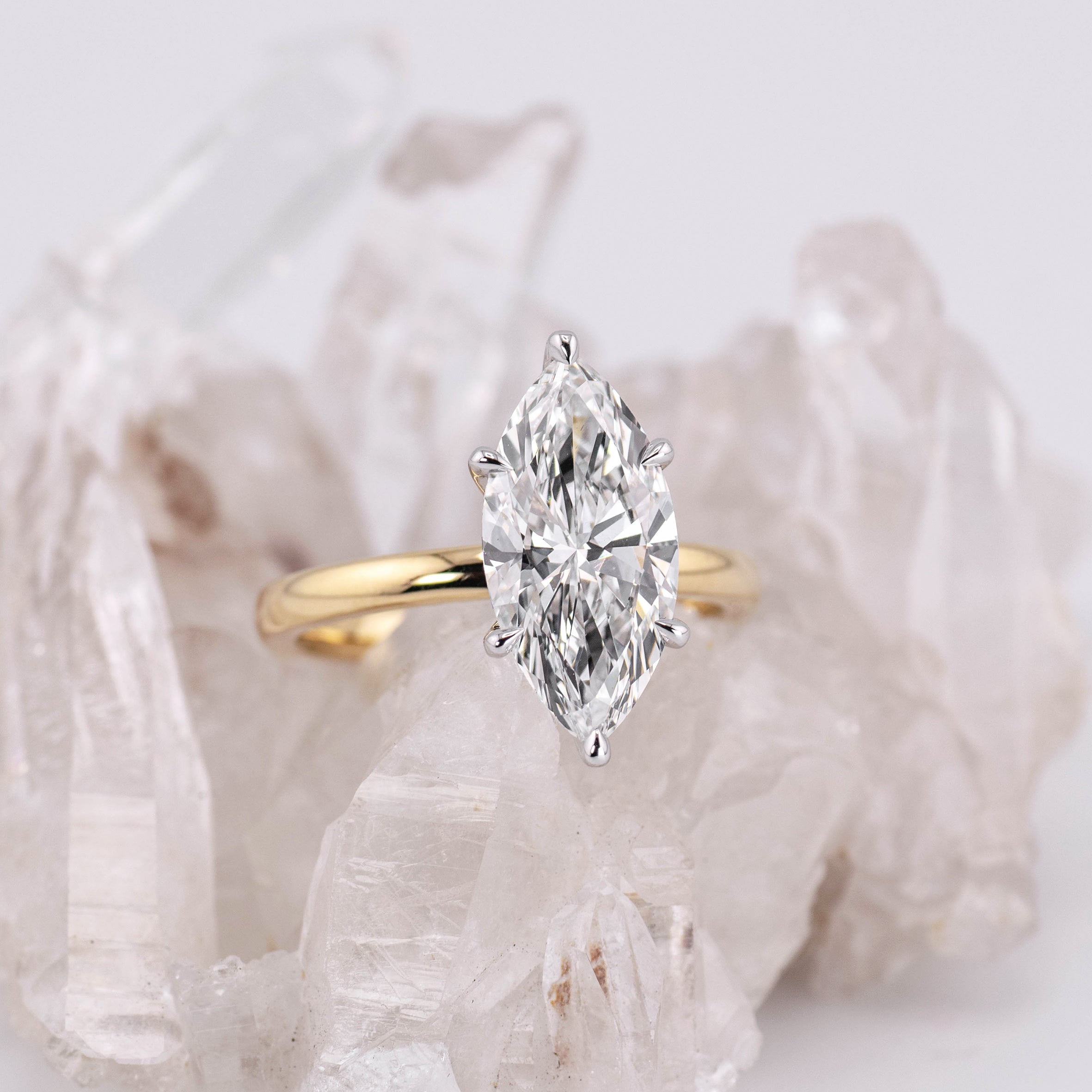(Ready to Ship Size M) - Milan 3.0 – 6 Claw 3.06ct E VVS2 Marquise Solitaire in Tone 18k Gold