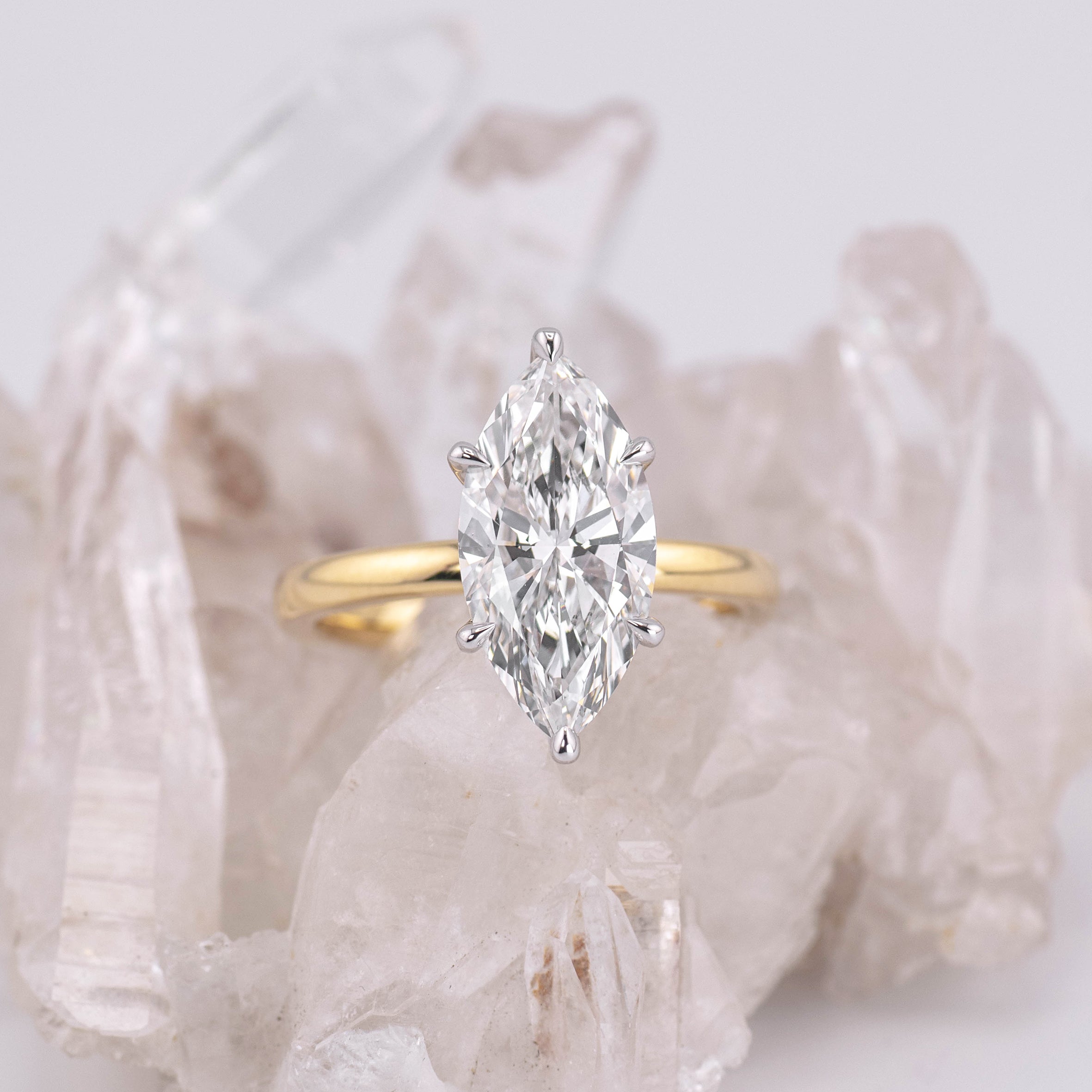 (Ready to Ship Size M) - Milan 3.0 – 6 Claw 3.06ct E VVS2 Marquise Solitaire in Tone 18k Gold