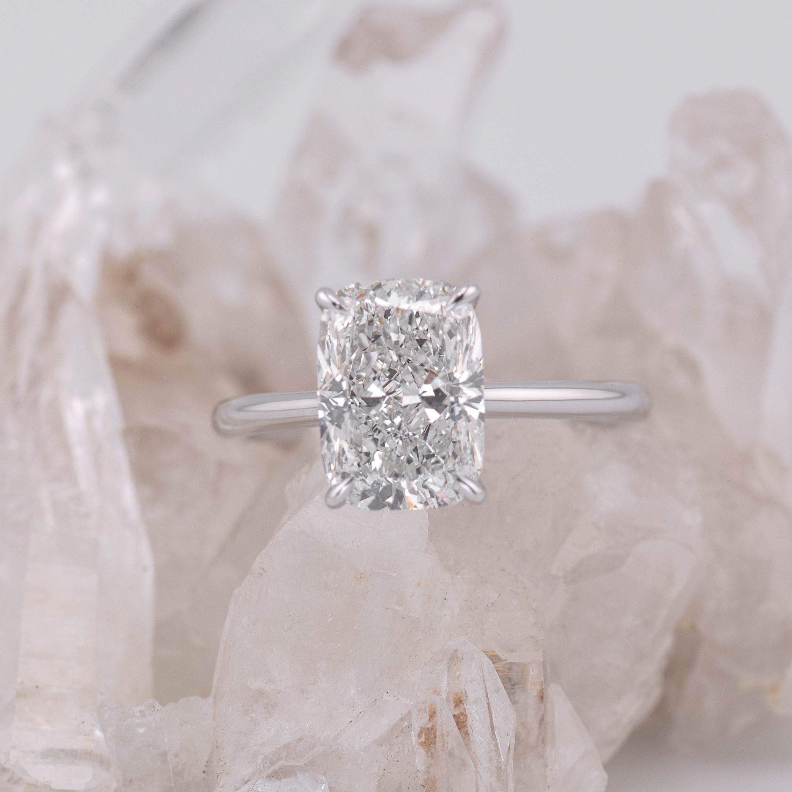 (Ready to Ship Size N) - Ruth 3.0 – Cathedral & Hidden Halo Elongated Cushion 3.08ct E VVS2 Solitaire in 14k White Gold