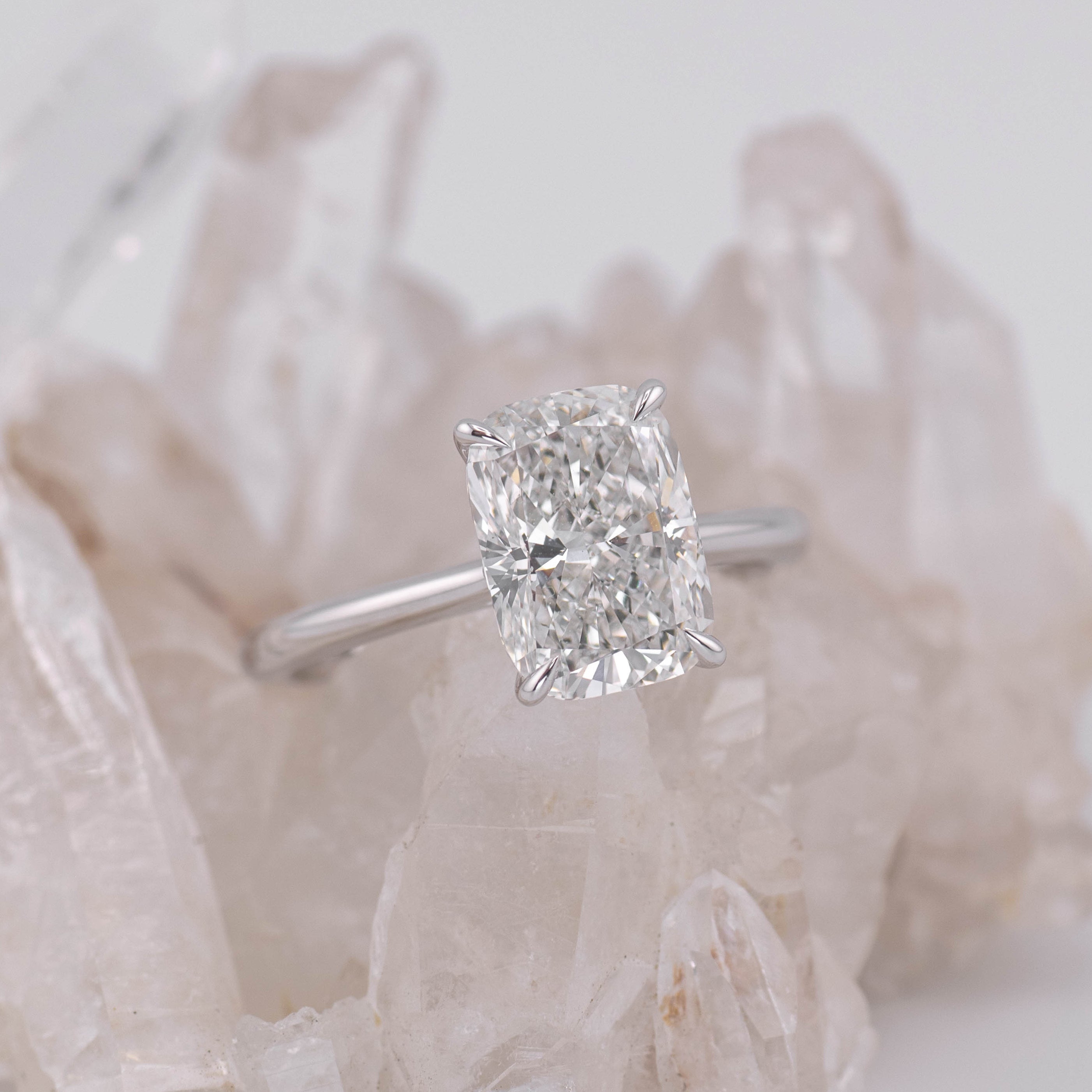 Ruth 3.0 – 4 Claw 3ct Elongated Cushion Solitaire with Hidden Halo and Cathedral Setting (Made to Order) E/F Colour VVS2