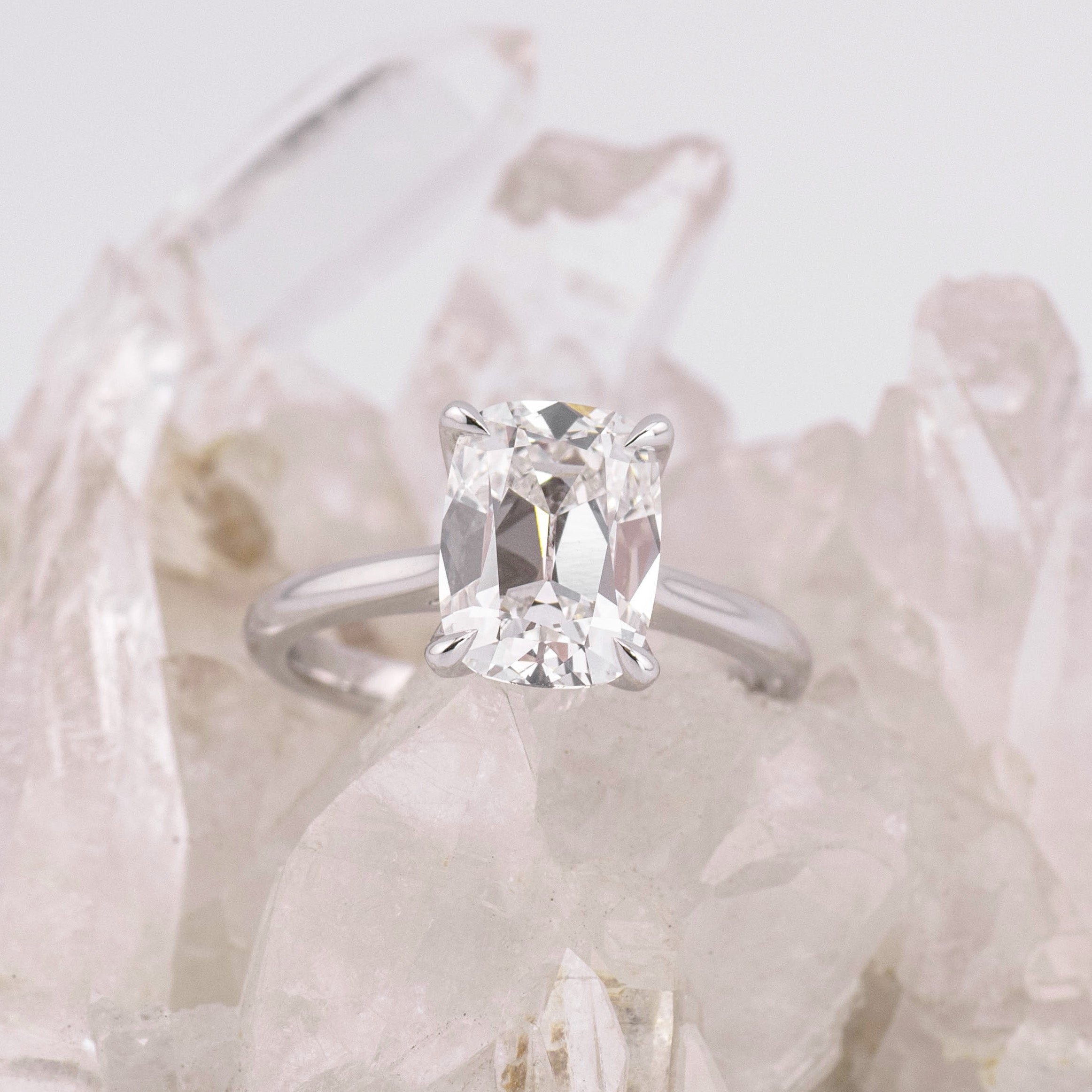 (Ready to Ship Size M) - Petal Elongated Old Mine Cushion – 4 Claw 3.10ct E VVS2 Solitaire in 14k White Gold
