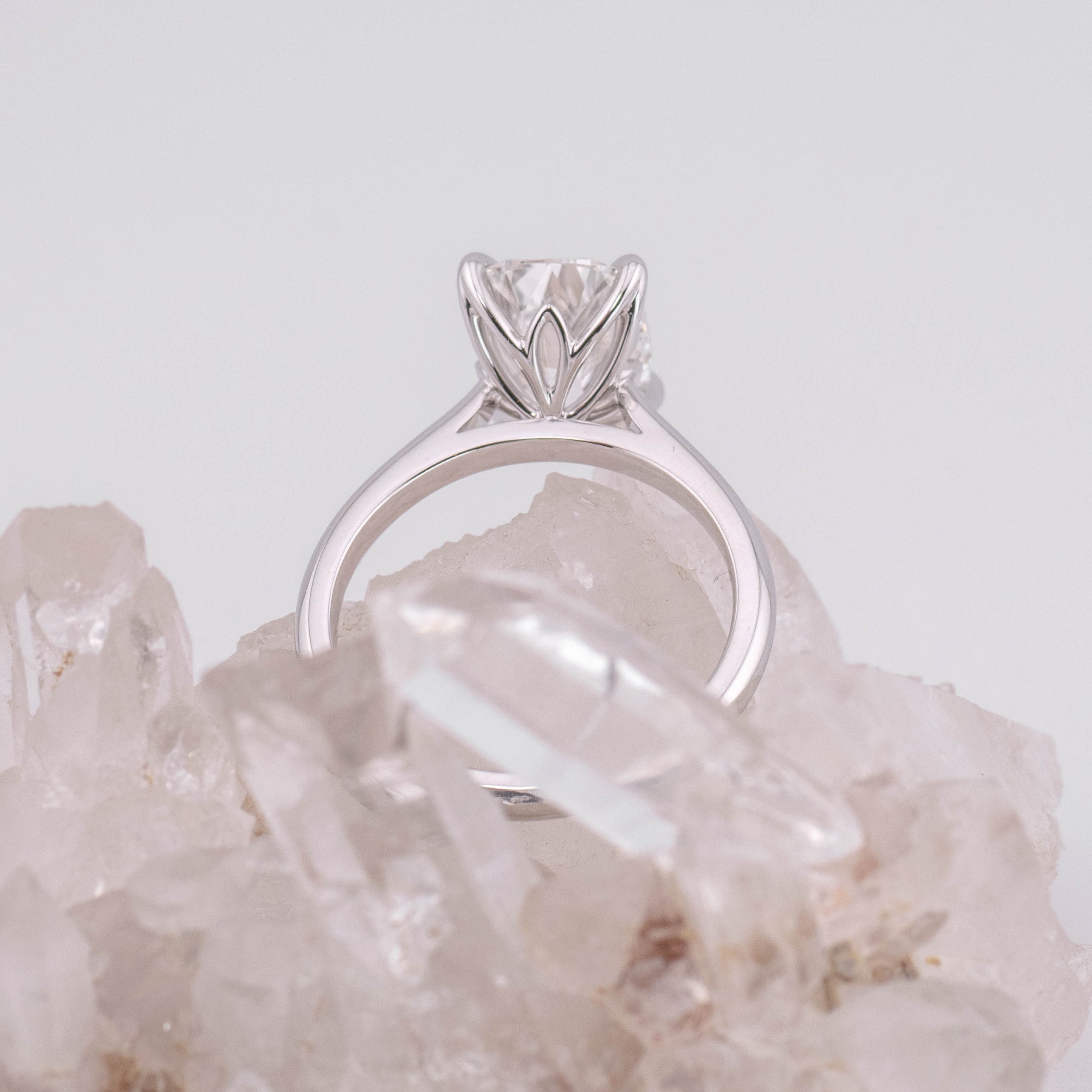 (Ready to Ship Size M) - Petal Elongated Old Mine Cushion – 4 Claw 3.10ct E VVS2 Solitaire in 14k White Gold