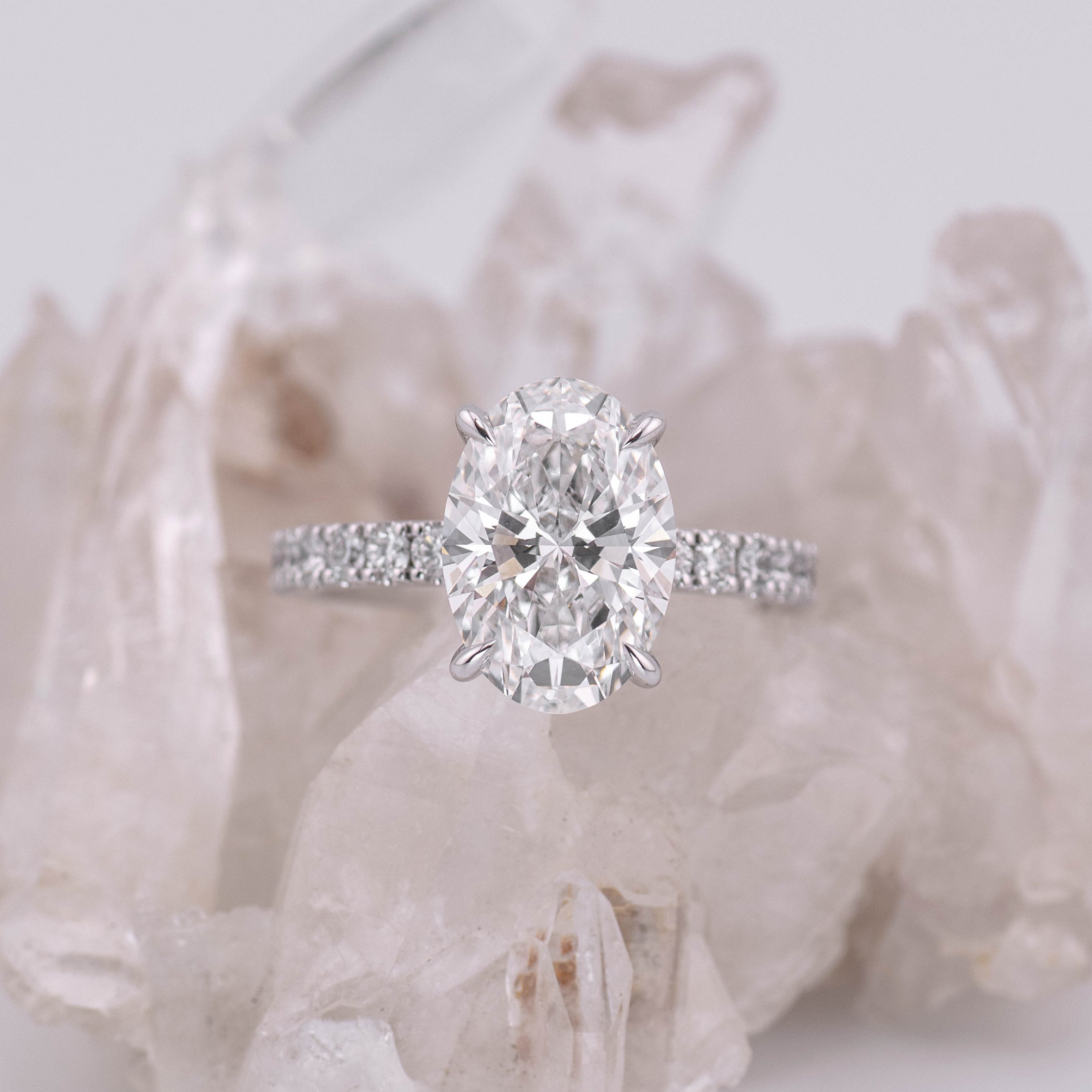 (Ready to Ship Size M) 3.47ct E VVS2 Oval Solitaire with Hidden Halo & Pave Band in 18k White Gold