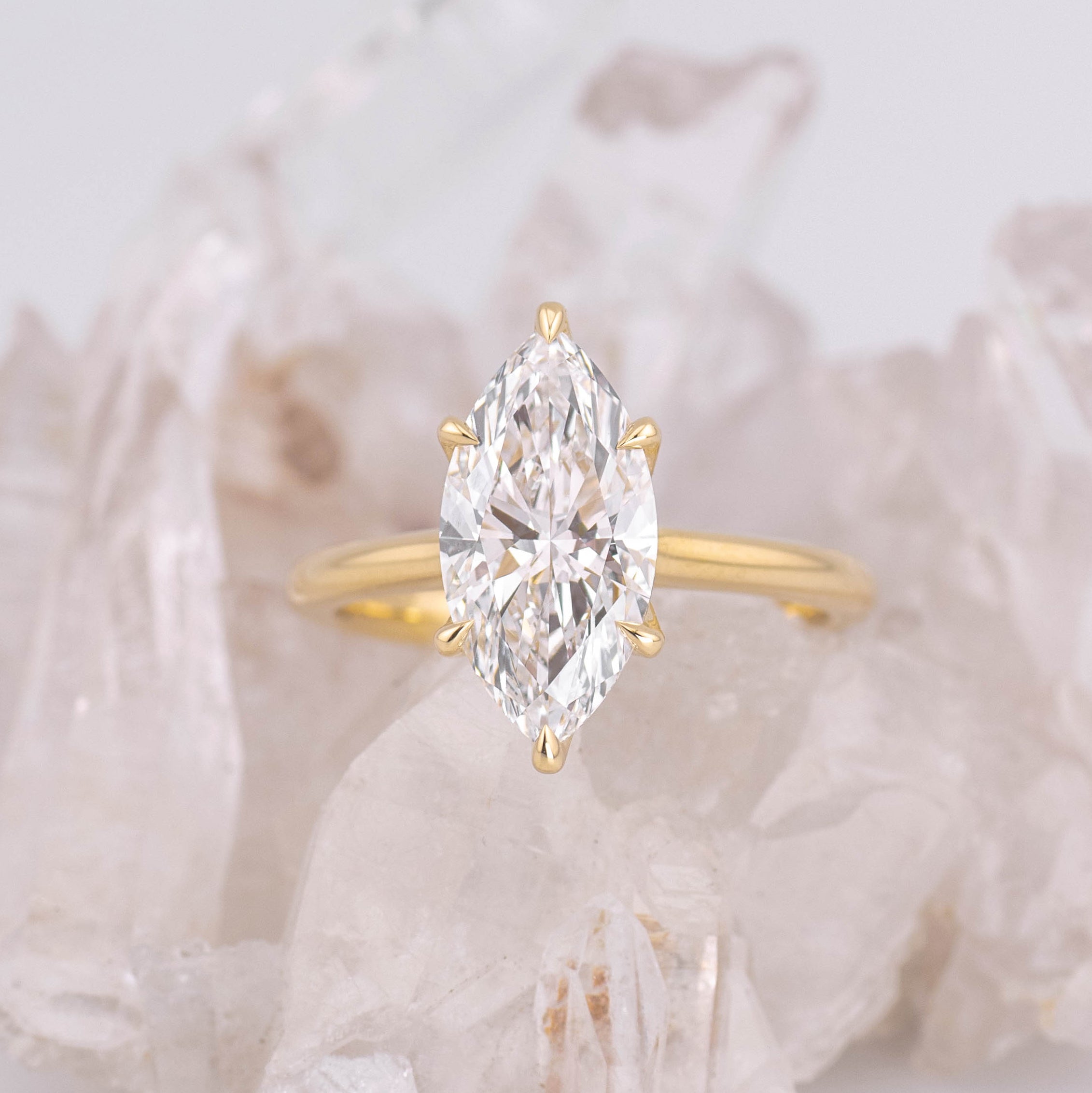 (Ready to Ship Size N) - Petal Marquise – 6 Claw 3.02ct E VVS2 Marquise Solitaire in 18k Yellow Gold