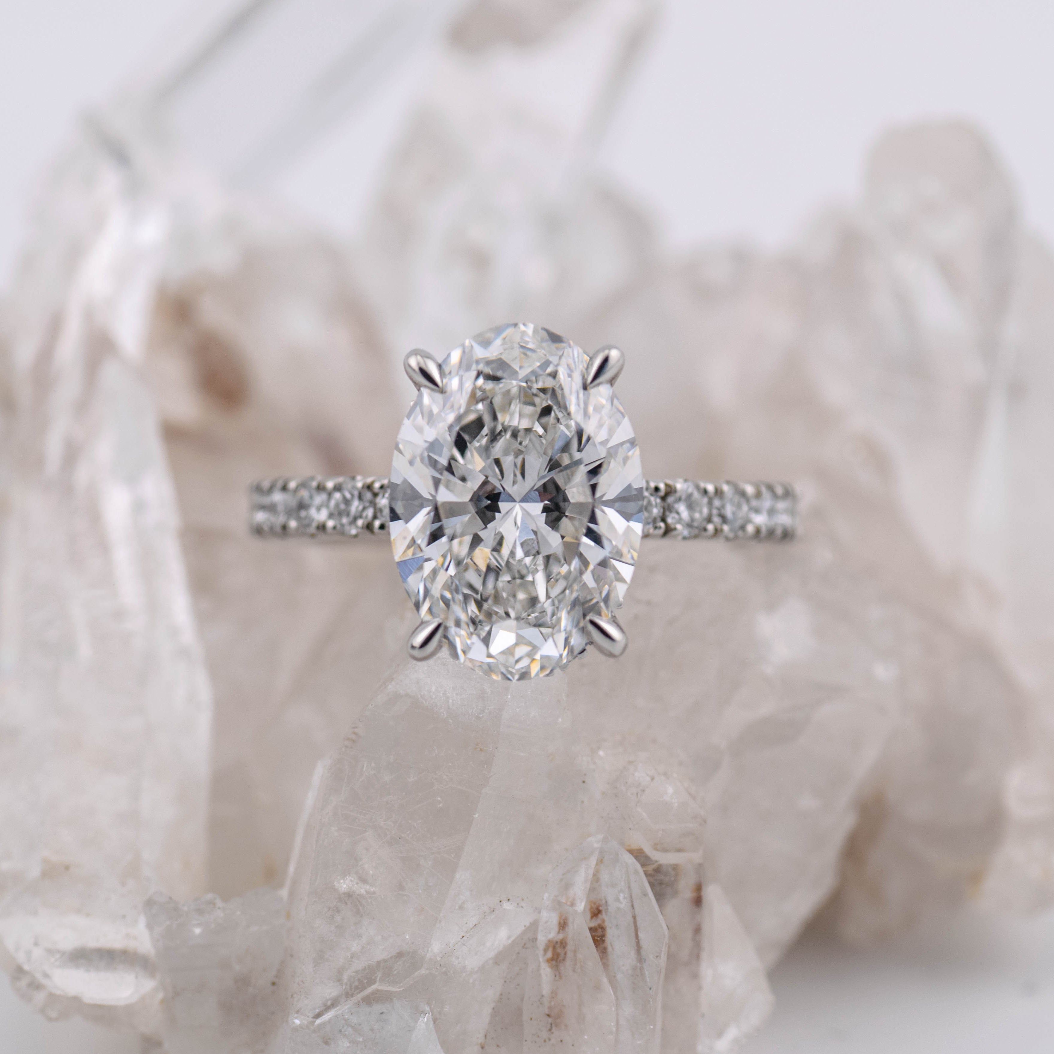 4ct Oval Solitaire with Hidden Halo & Pave Band (made to order) F VVS2