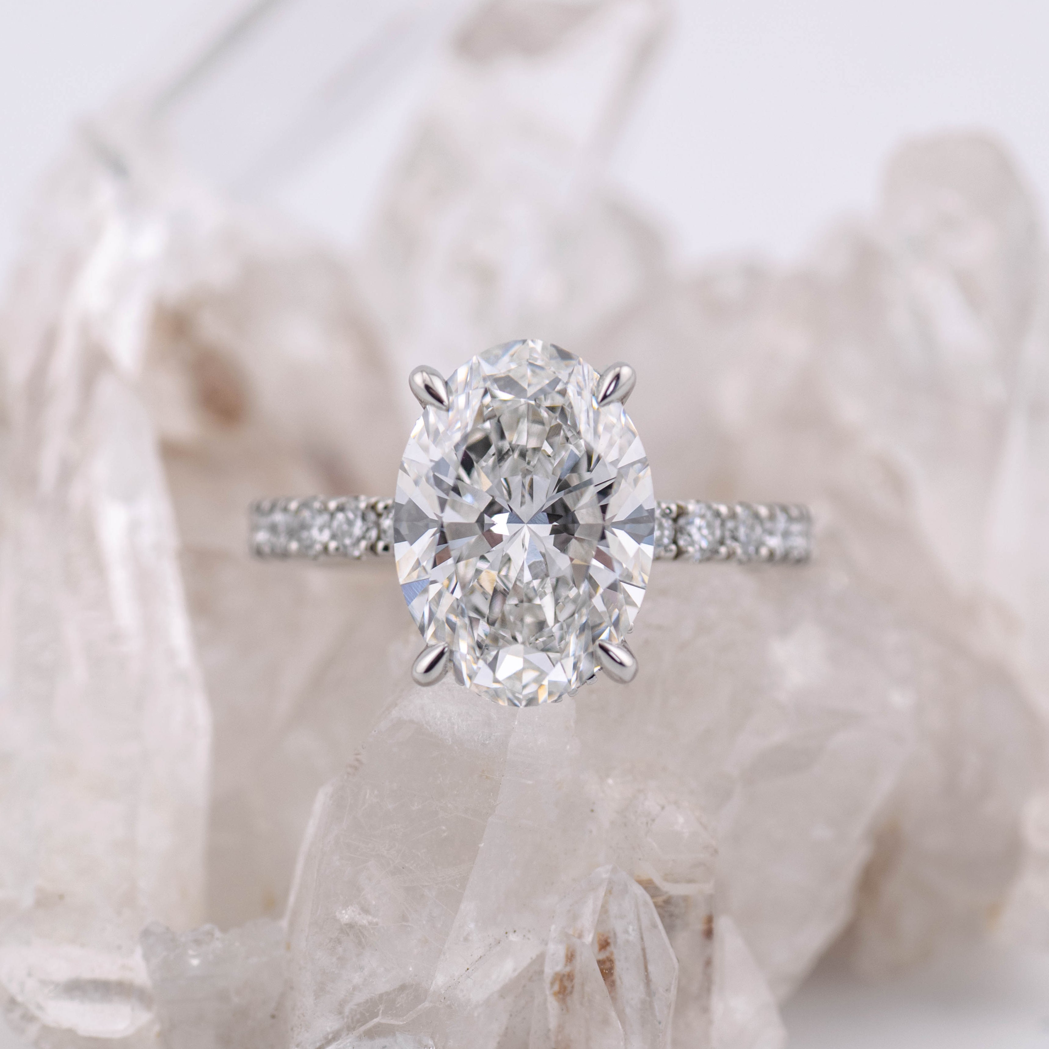 4ct Oval Solitaire with Hidden Halo & Pave Band (made to order) F VVS2