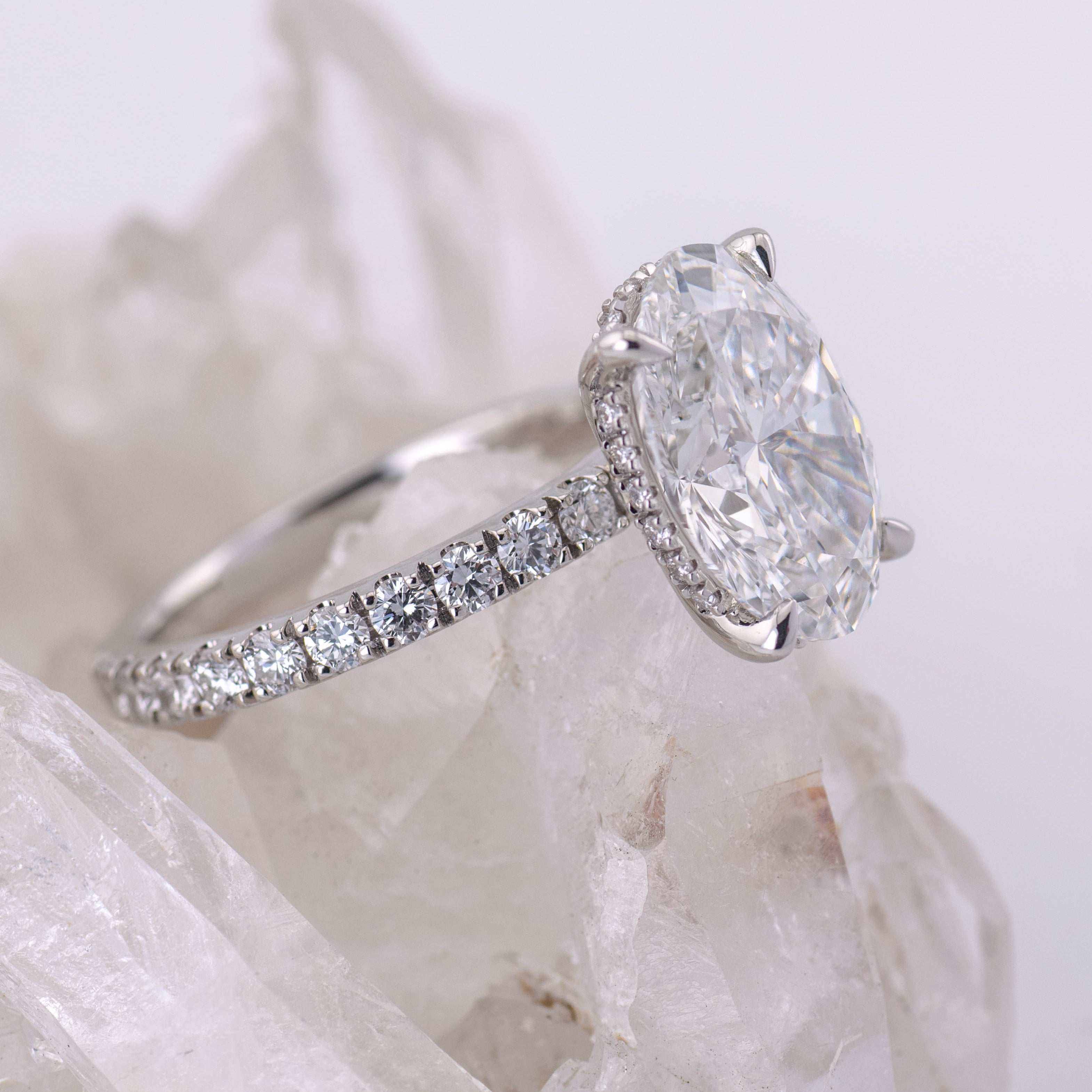 4ct Oval Solitaire with Hidden Halo & Pave Band (made to order) F VVS2