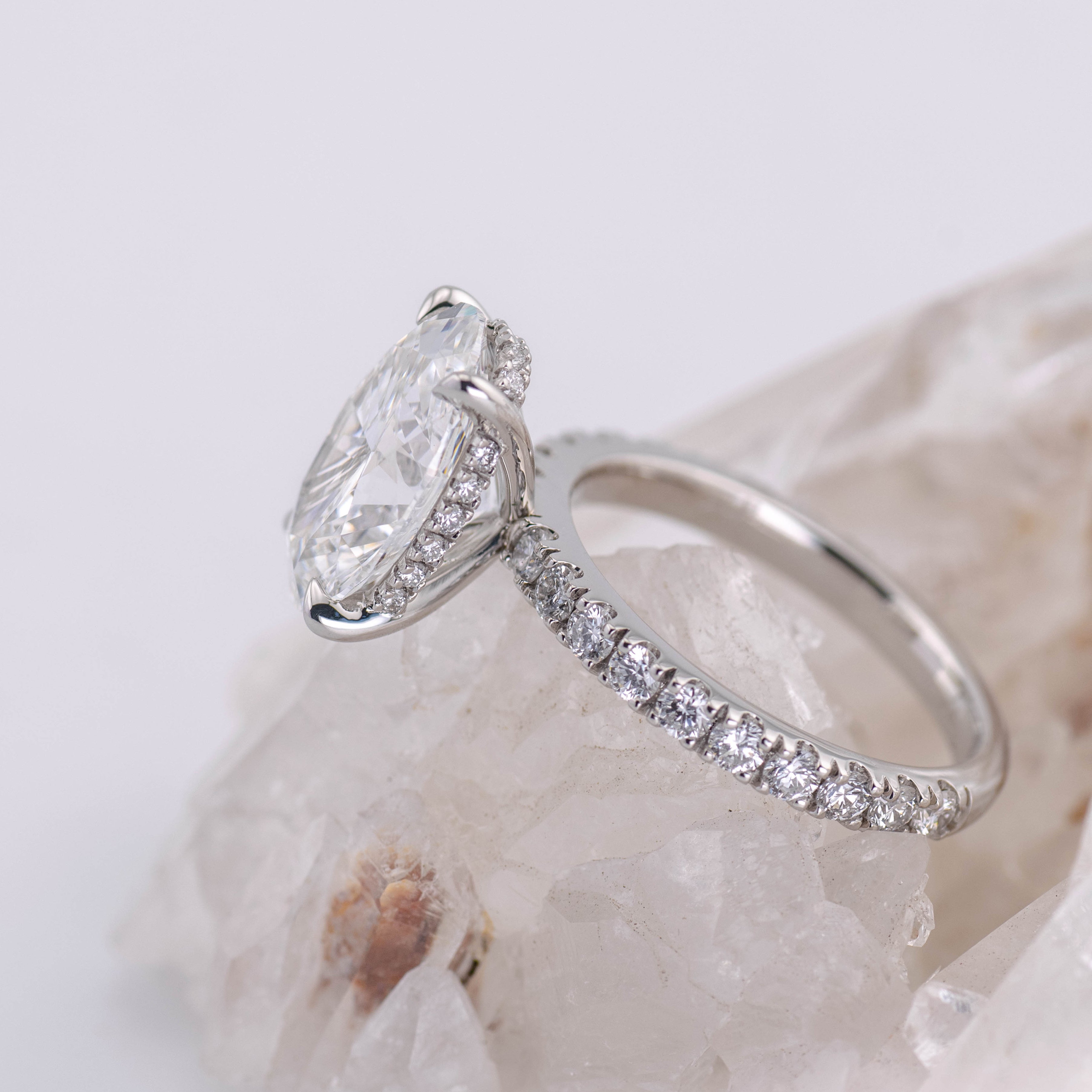 4ct Oval Solitaire with Hidden Halo & Pave Band (made to order) F VVS2