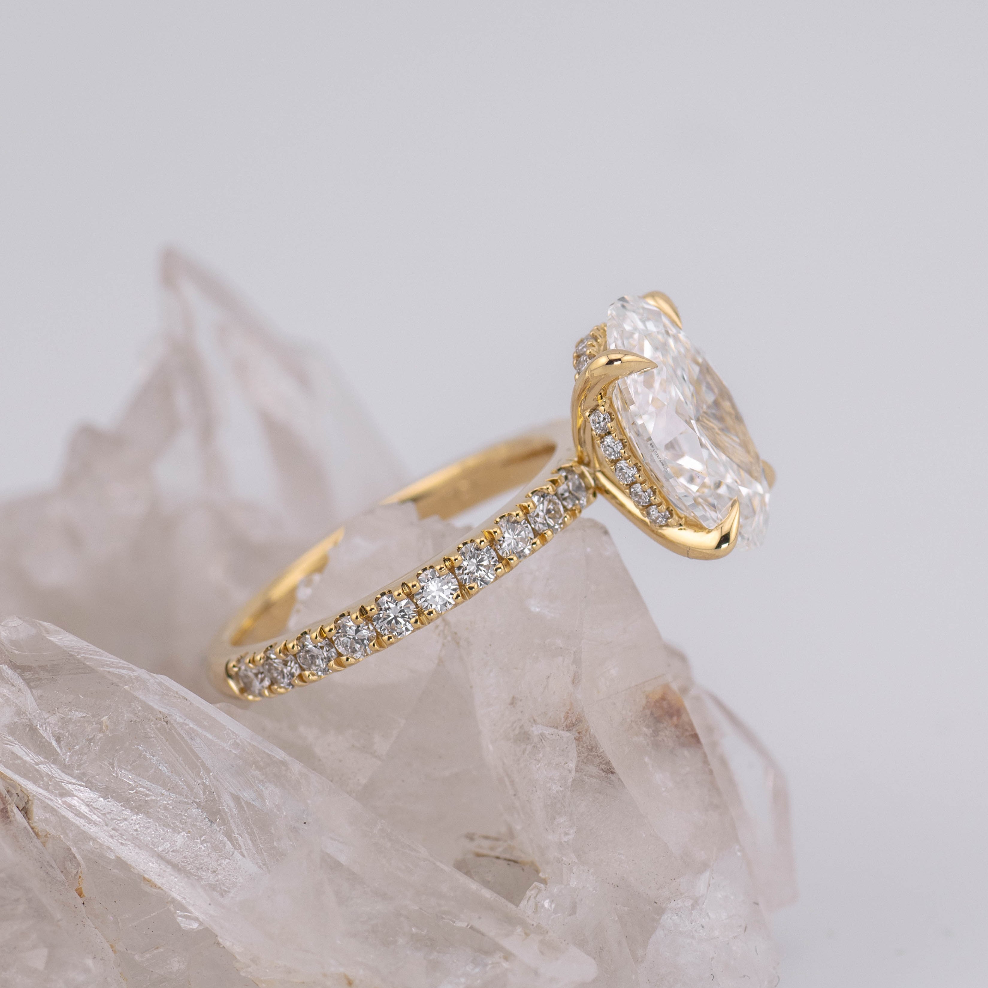 (Ready to Ship Size N) 4.03ct Oval Solitaire with Hidden Halo & Pave Band in 18k Yellow Gold