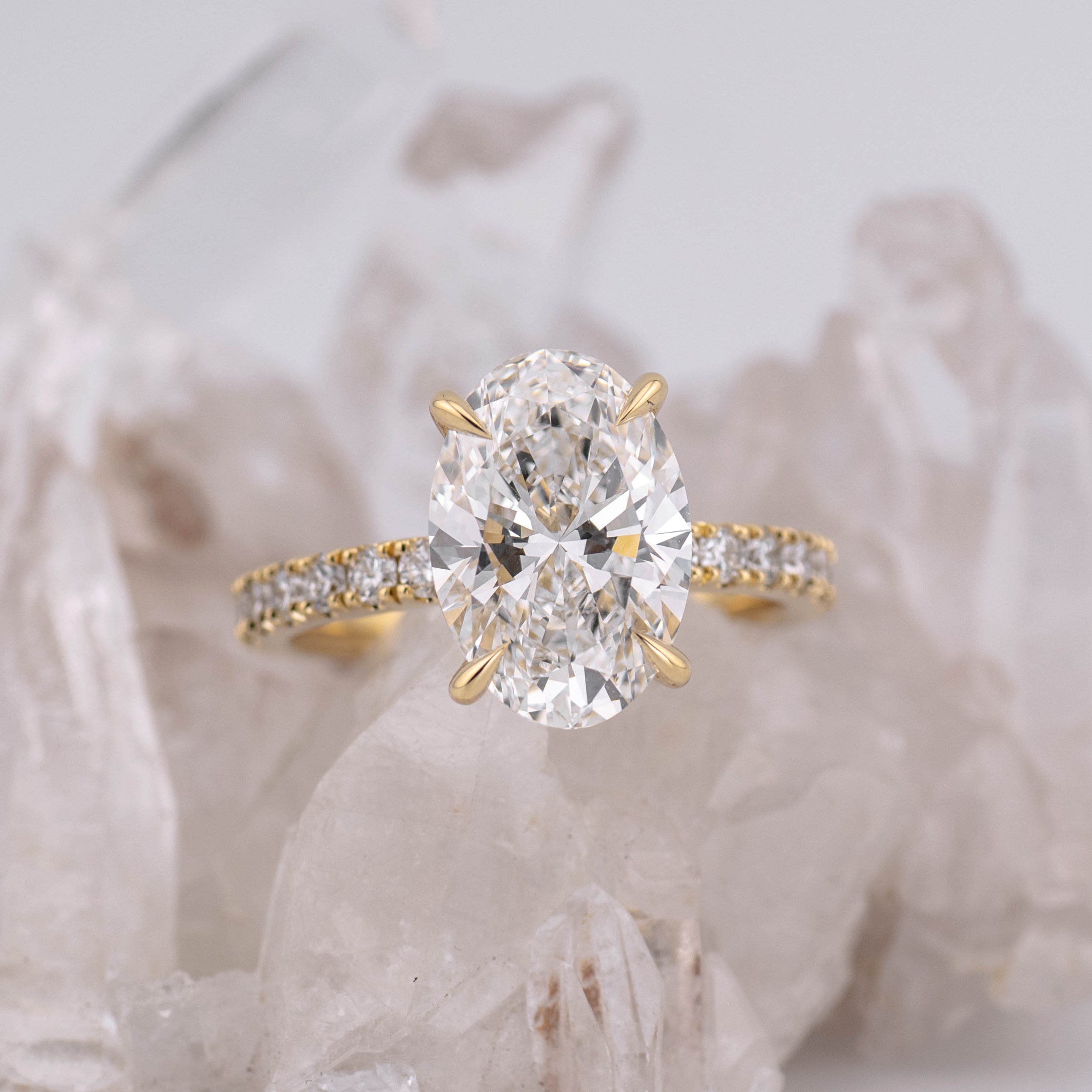 (Ready to Ship Size N) 4.03ct Oval Solitaire with Hidden Halo & Pave Band in 18k Yellow Gold