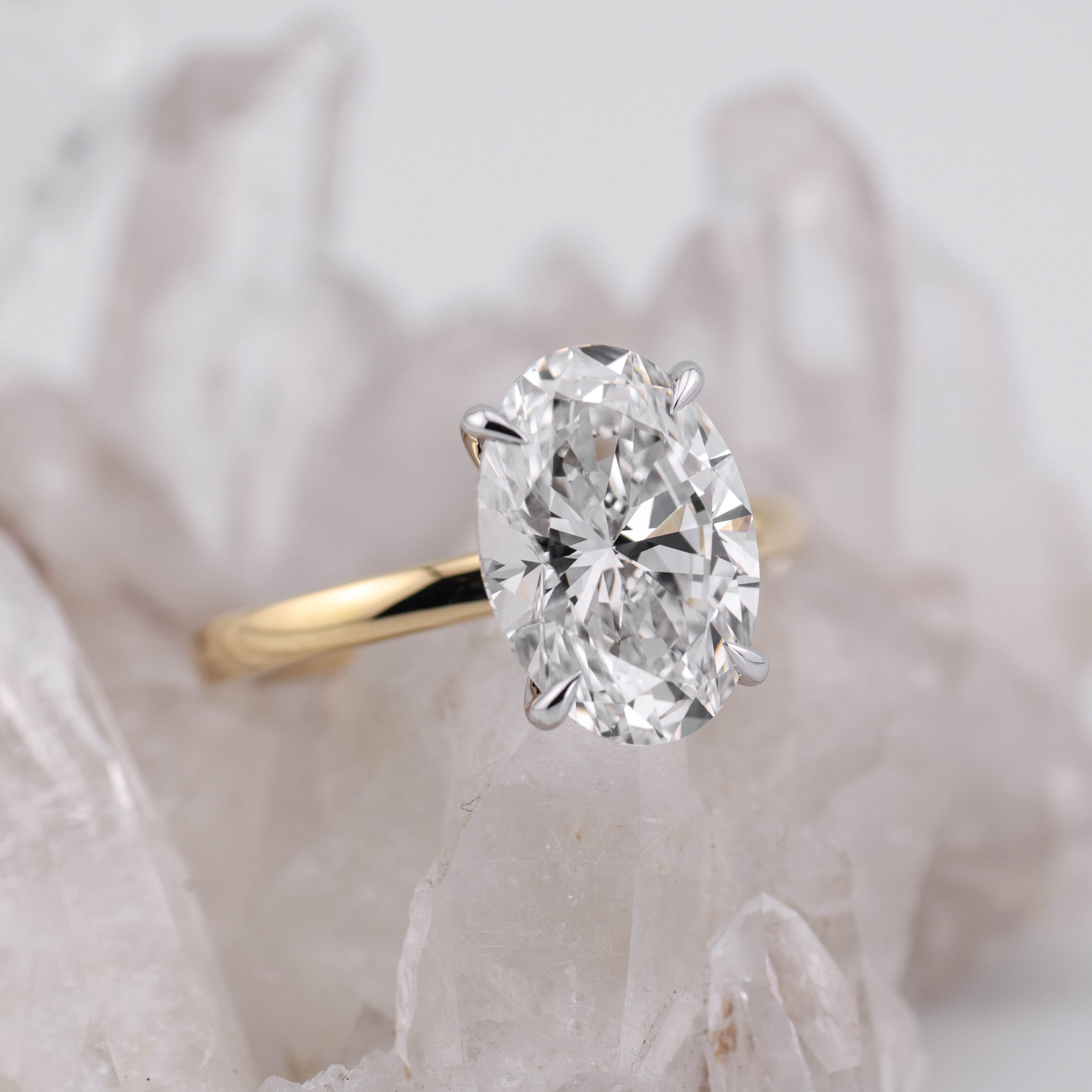 (Ready to Ship Size N) - Oval Solitaire 4.09ct E VVS2 in 18k Yellow and White Gold