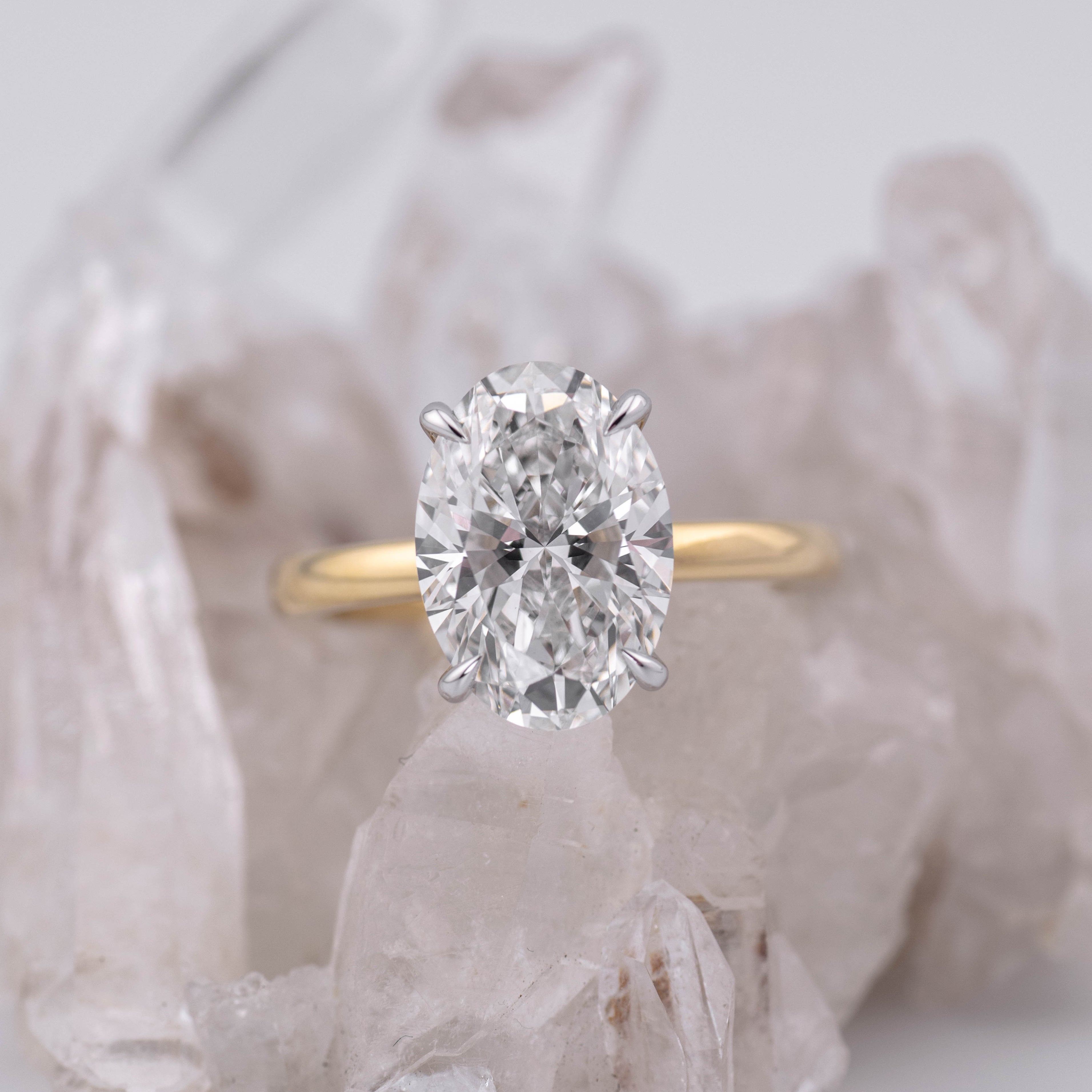 (Ready to Ship Size N) - Oval Solitaire 4.09ct E VVS2 in 18k Yellow and White Gold