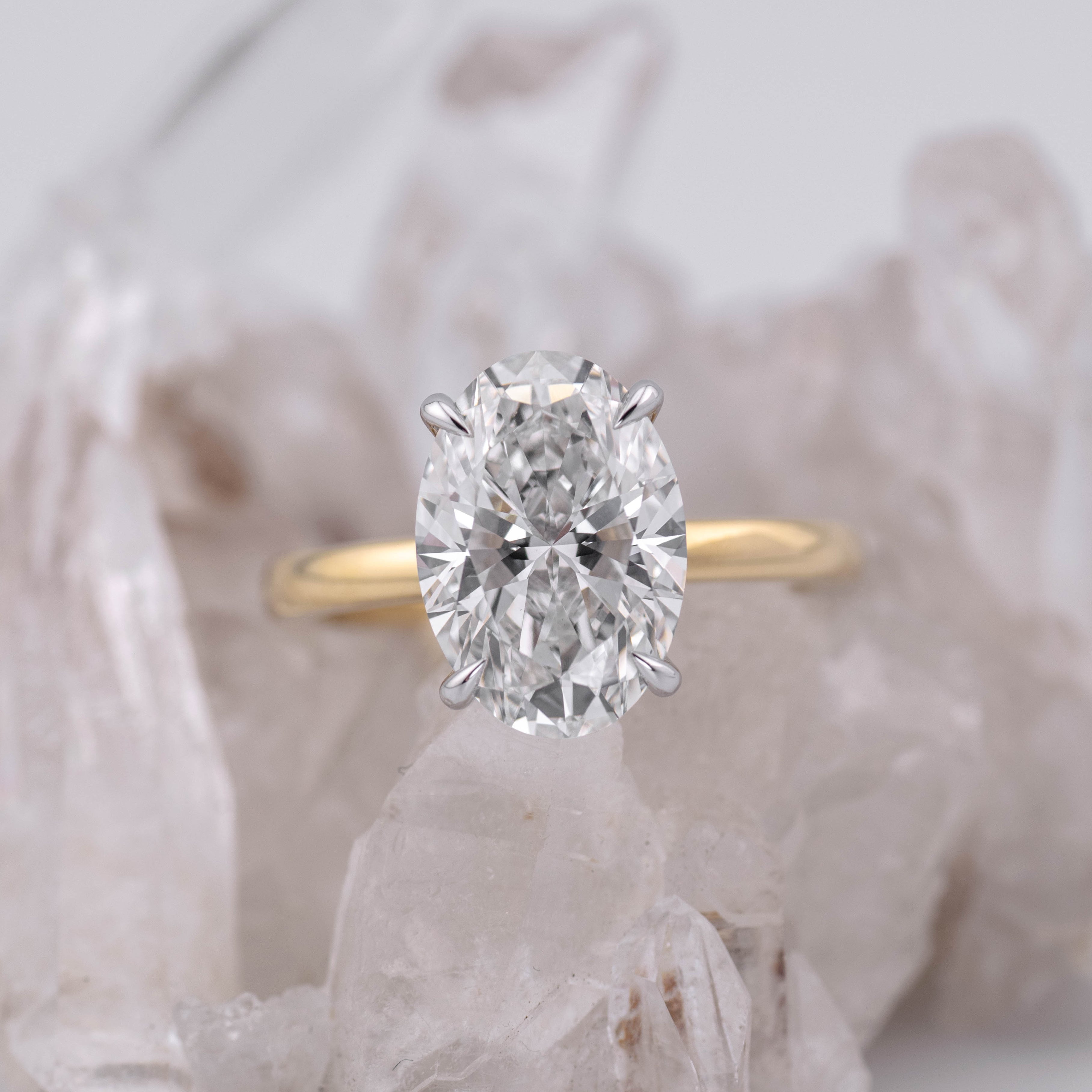 (Ready to Ship Size N) - Oval Solitaire 4.09ct E VVS2 in 18k Yellow and White Gold