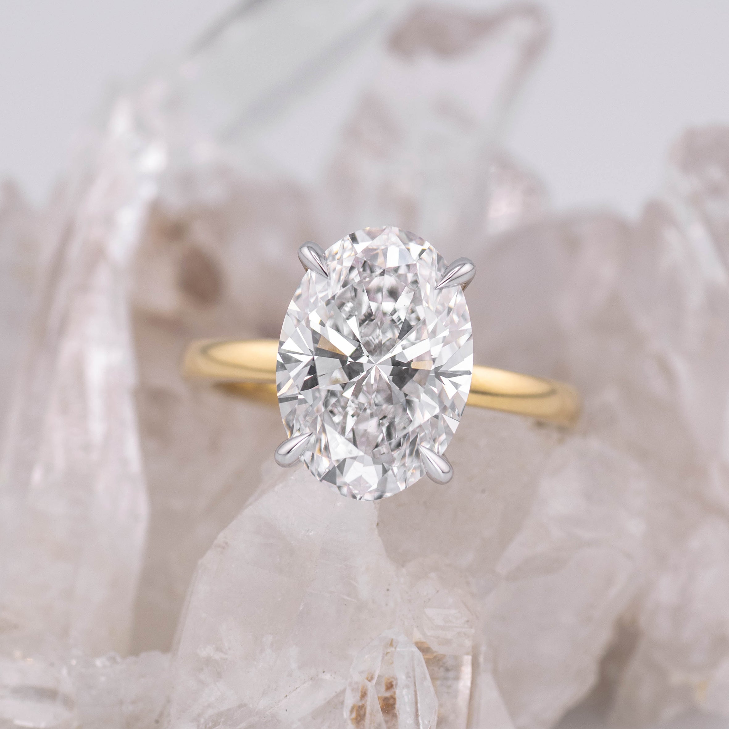 (Ready to Ship Size N) - Kate 5.0 – 4 Claw 5.05ct E VVS2 Oval Solitaire in 18k Yellow & White Gold