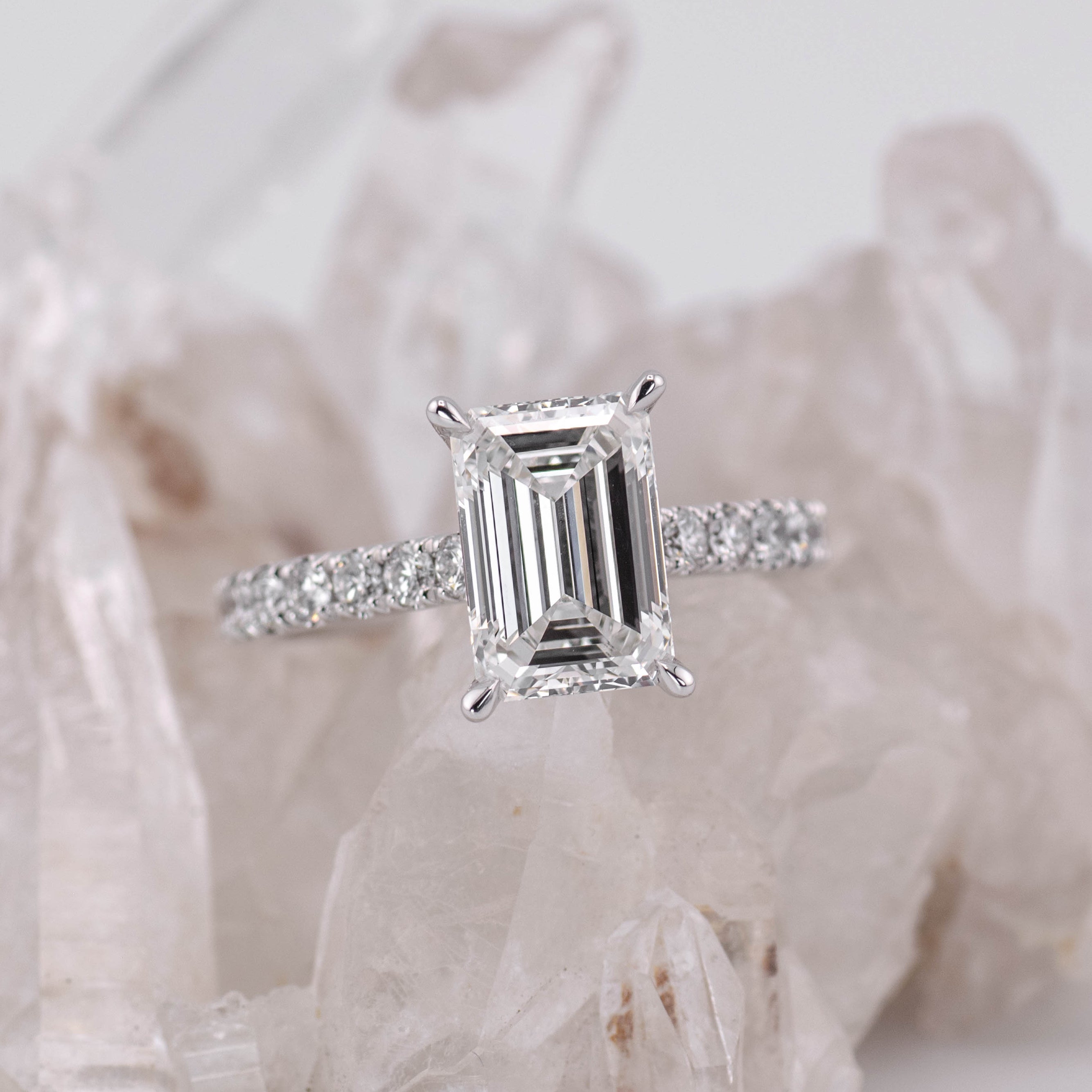 (Ready to Ship Size M) 2.58ct F VVS2 Emerald Solitaire with Hidden Halo & 3/4 Pave Band in 14k White Gold