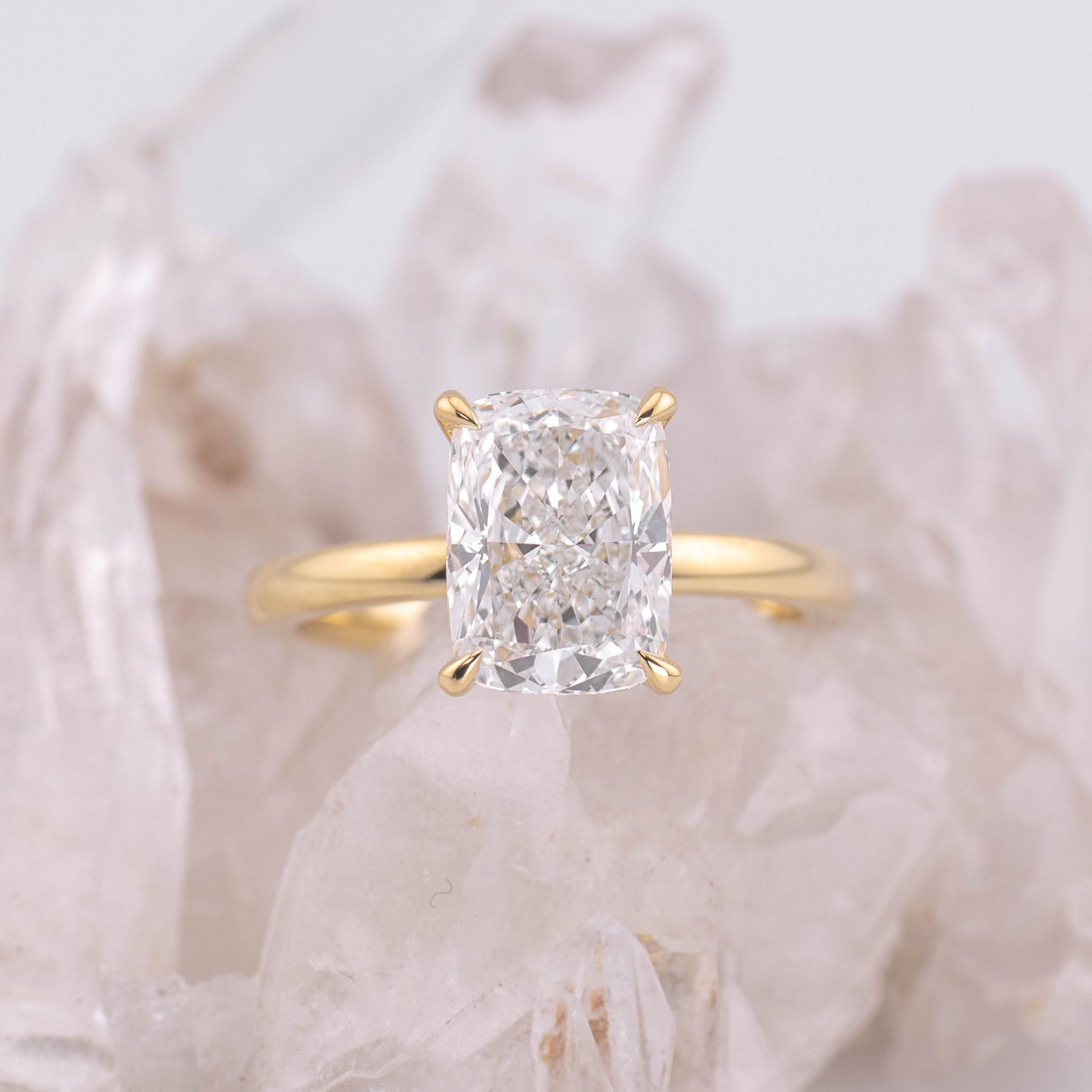 (Ready to Ship Size N) - Catherine 3.0 – Elongated Cushion 3.02ct D VVS2 Solitaire in 18k Yellow Gold