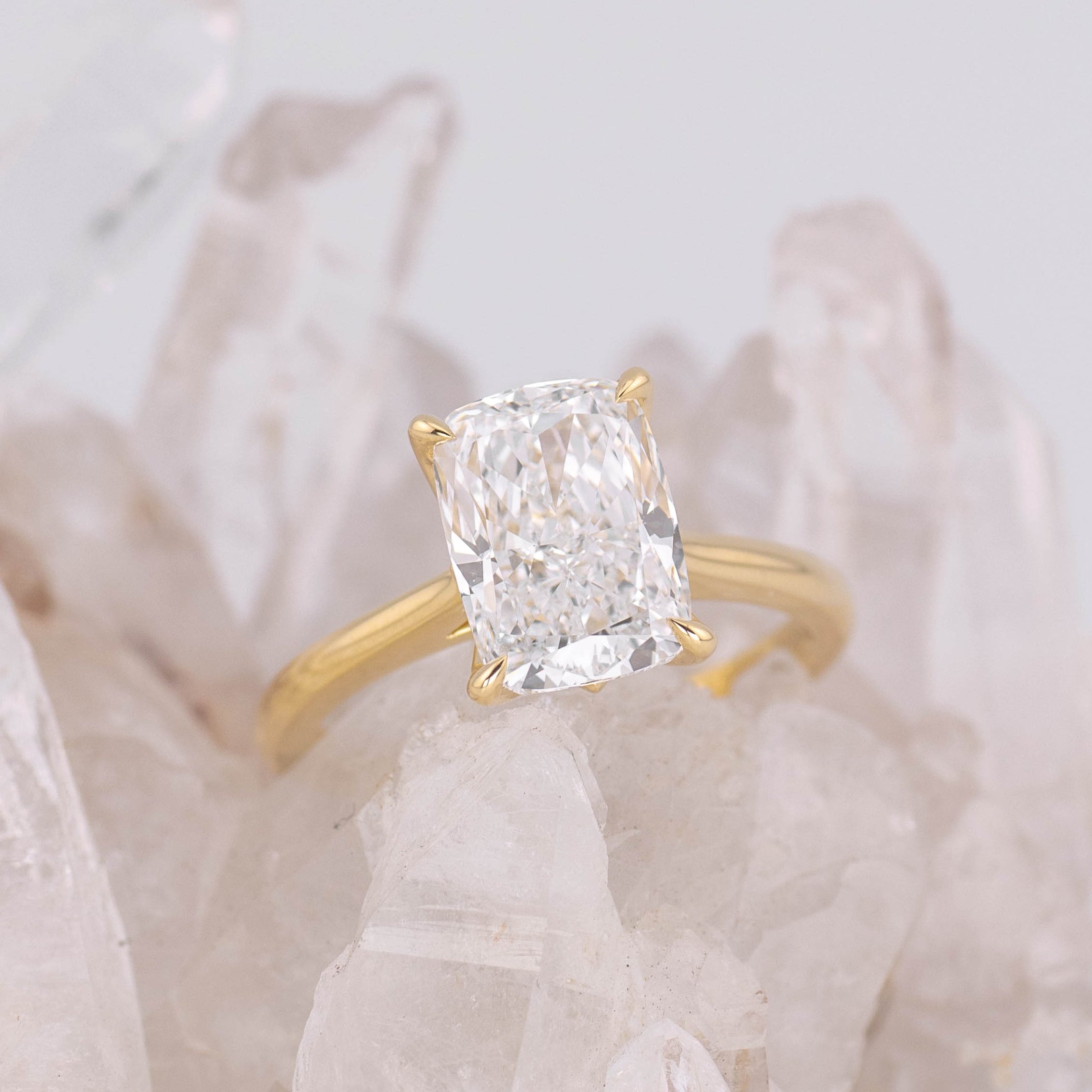 Lila 3.0 Petal Elongated Cushion – 3ct Elongated Cushion Solitaire in 18k Yellow Gold