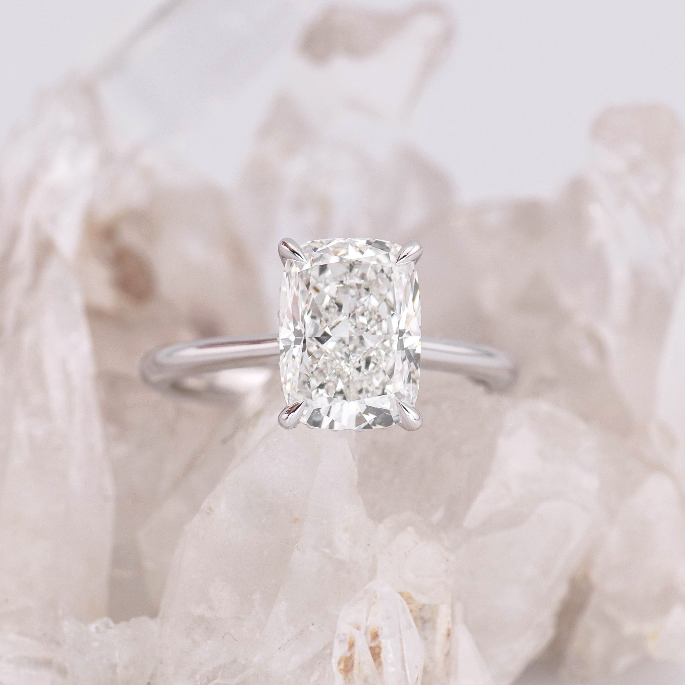 (Ready to Ship Size M) - Ruth 3.0 – Cathedral & Hidden Halo Elongated Cushion 3ct F VVS2 Solitaire in 14k White Gold