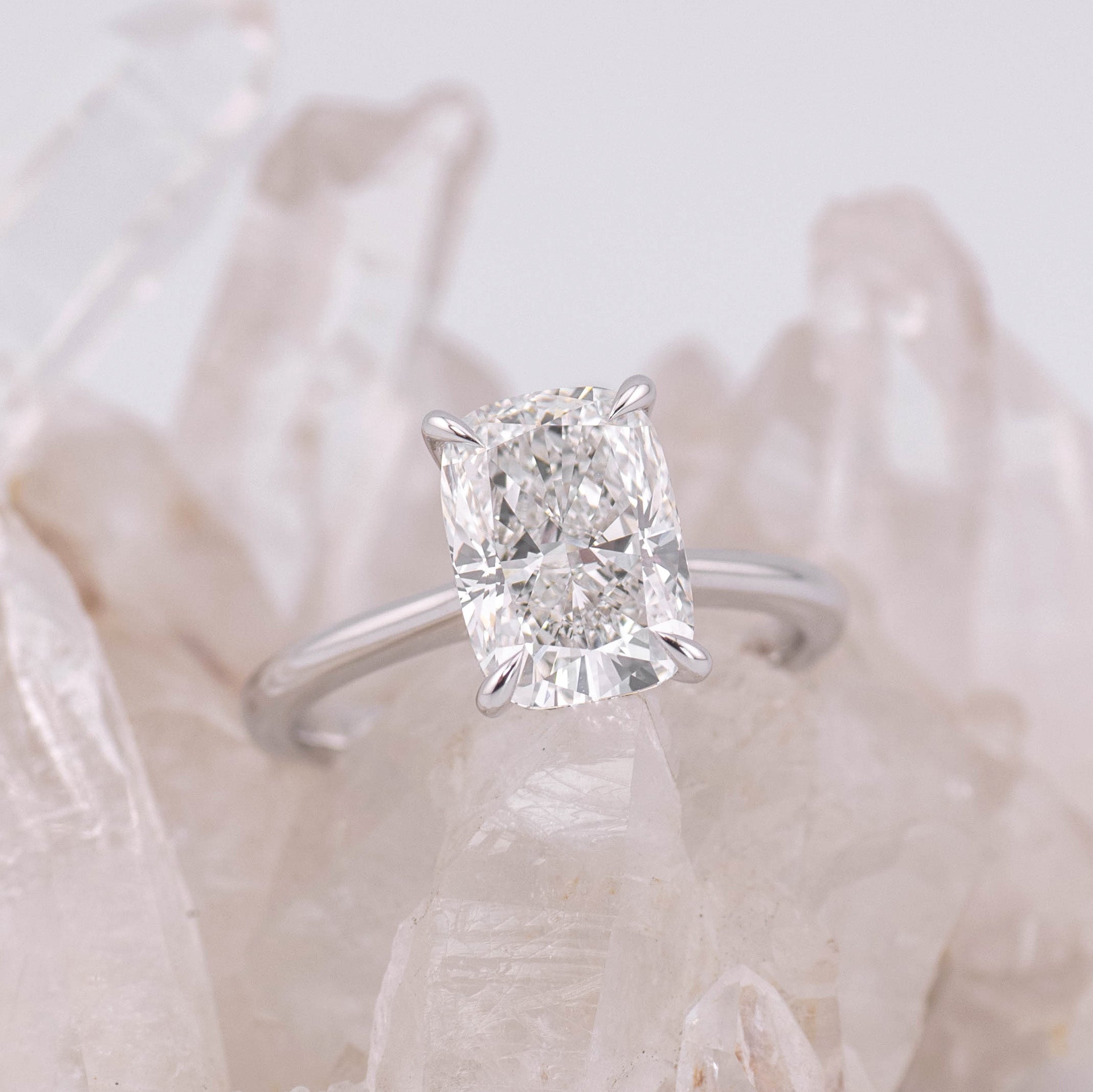 (Ready to Ship Size M) - Ruth 3.0 – Cathedral & Hidden Halo Elongated Cushion 3ct D VVS2 Solitaire in 14k White Gold