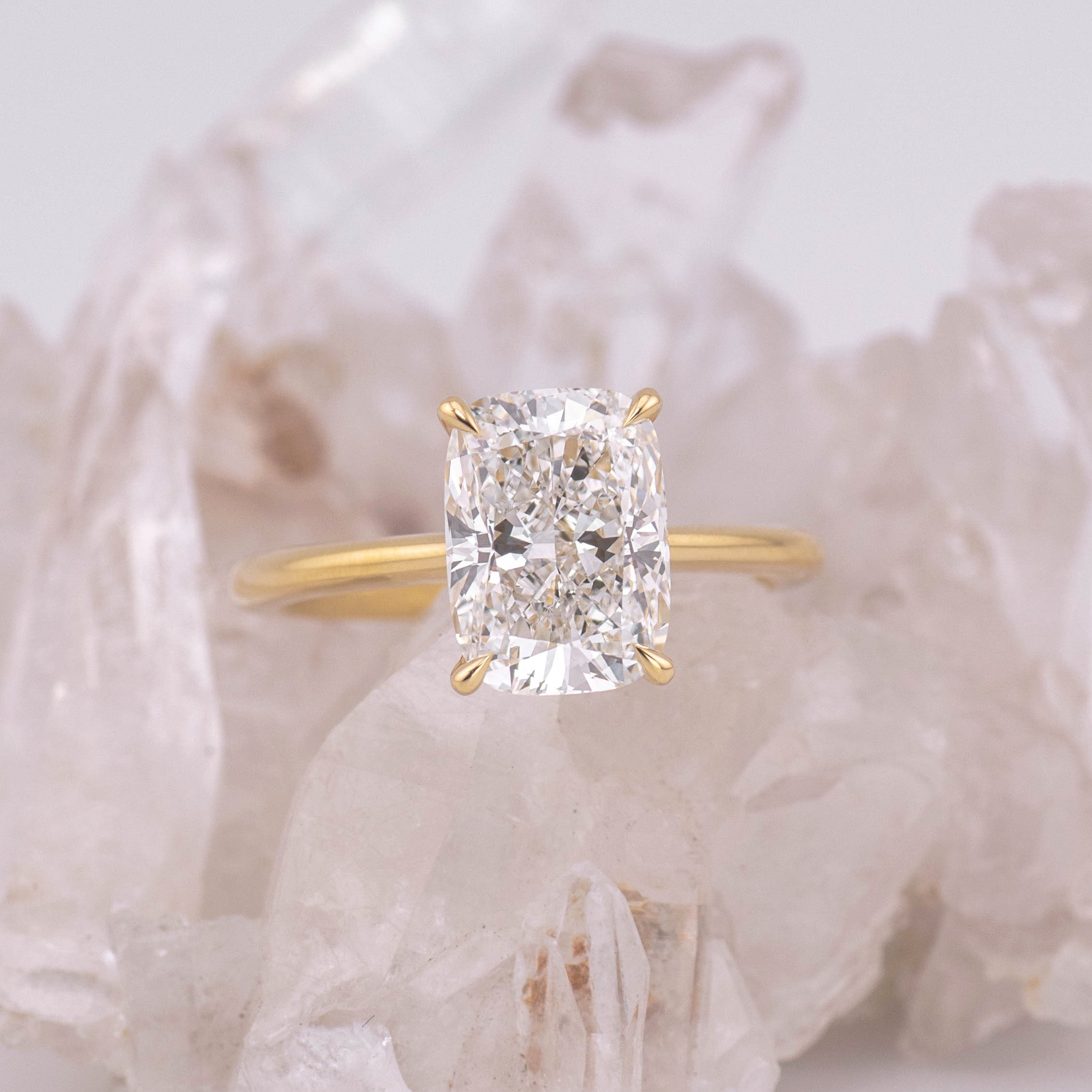 (Ready to Ship Size N) - Ruth 3.0 – Cathedral & Hidden Halo Elongated Cushion 3.1ct E VVS2 Solitaire in 18k Yellow Gold