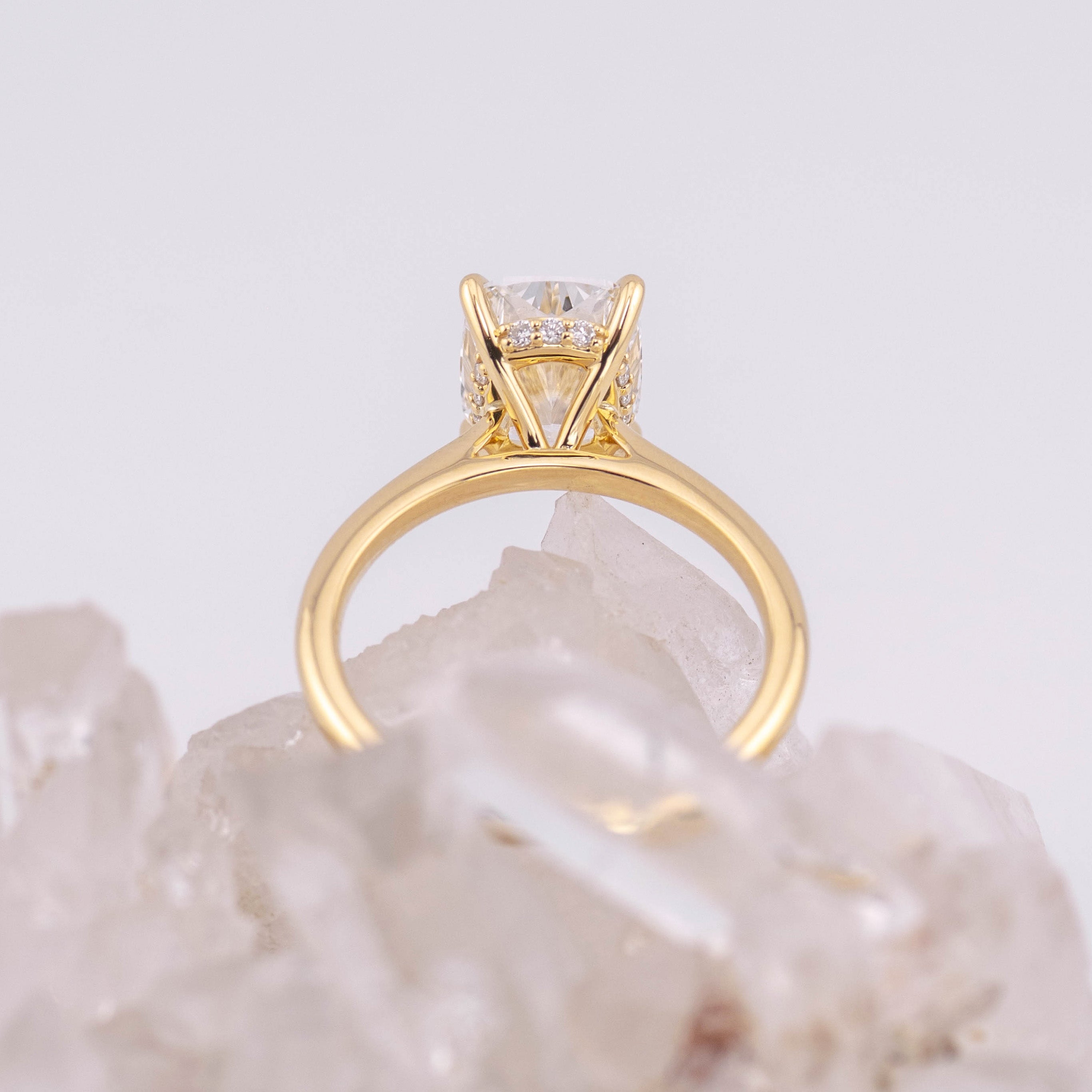 (Ready to Ship Size N) - Ruth 3.0 – Cathedral & Hidden Halo Elongated Cushion 3.1ct E VVS2 Solitaire in 18k Yellow Gold