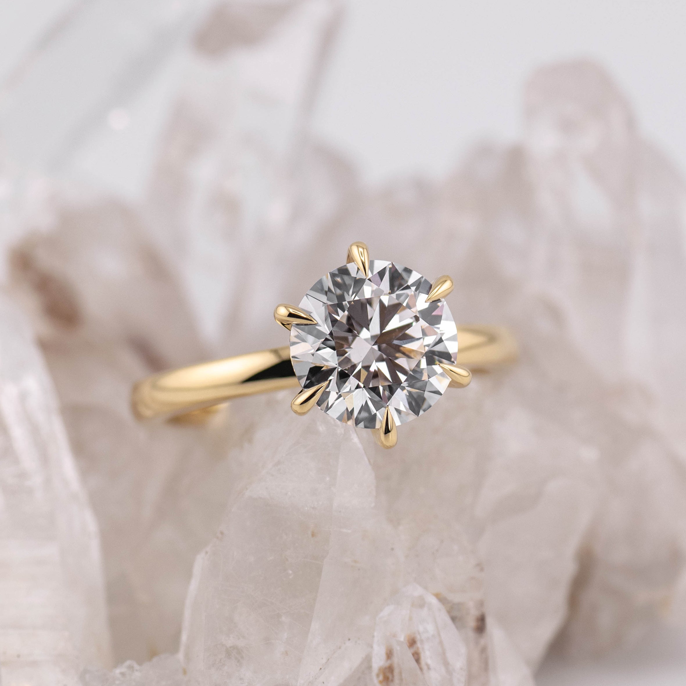 (Ready to Ship Size M) - Billie 2.0 – 6 Claw 2.23ct E VVS2 Round Solitaire 18k Yellow Gold (Hearts & Arrows)