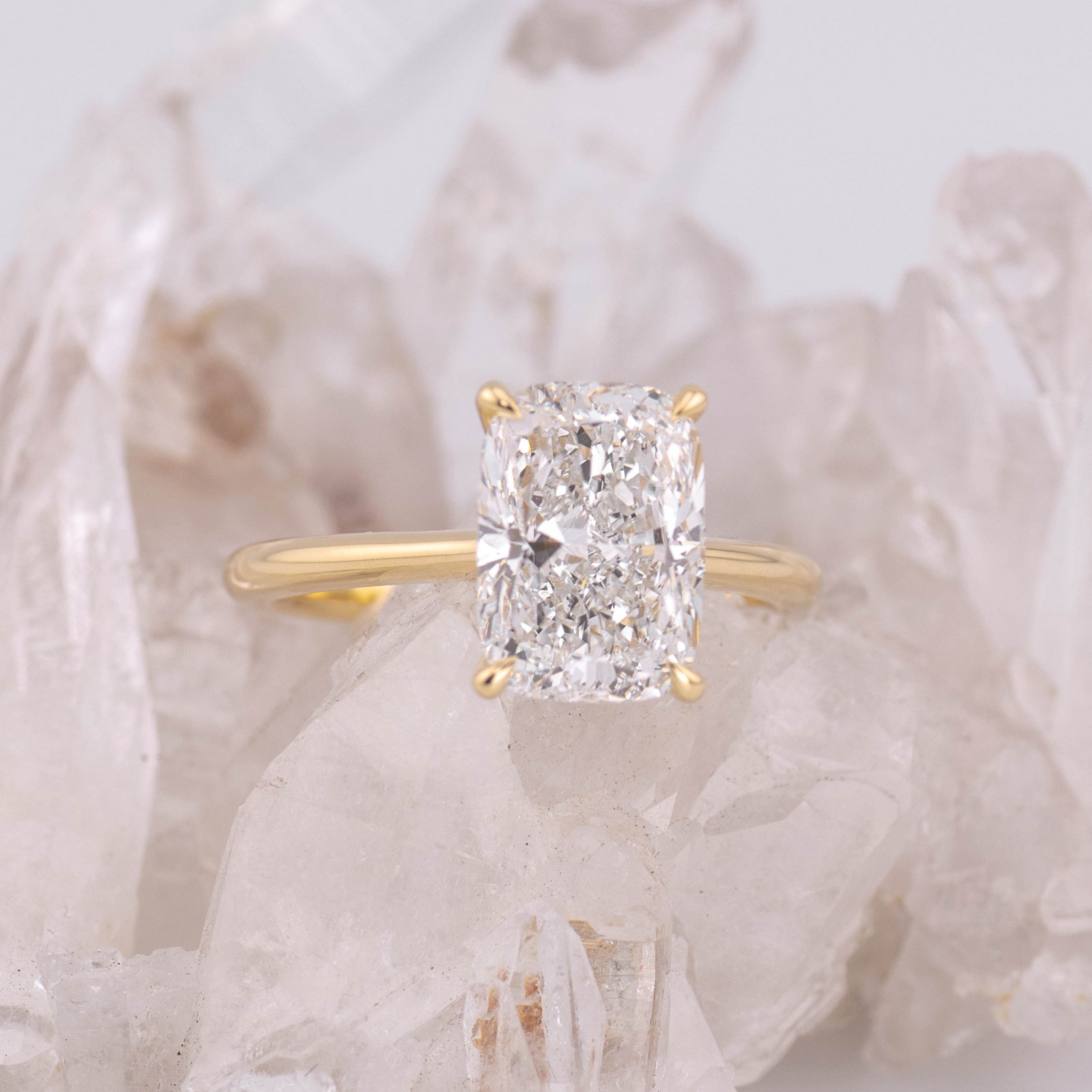 Cathedral Set Elongated Cushion 3ct D/E VVS2 Solitaire in 18k Yellow Gold