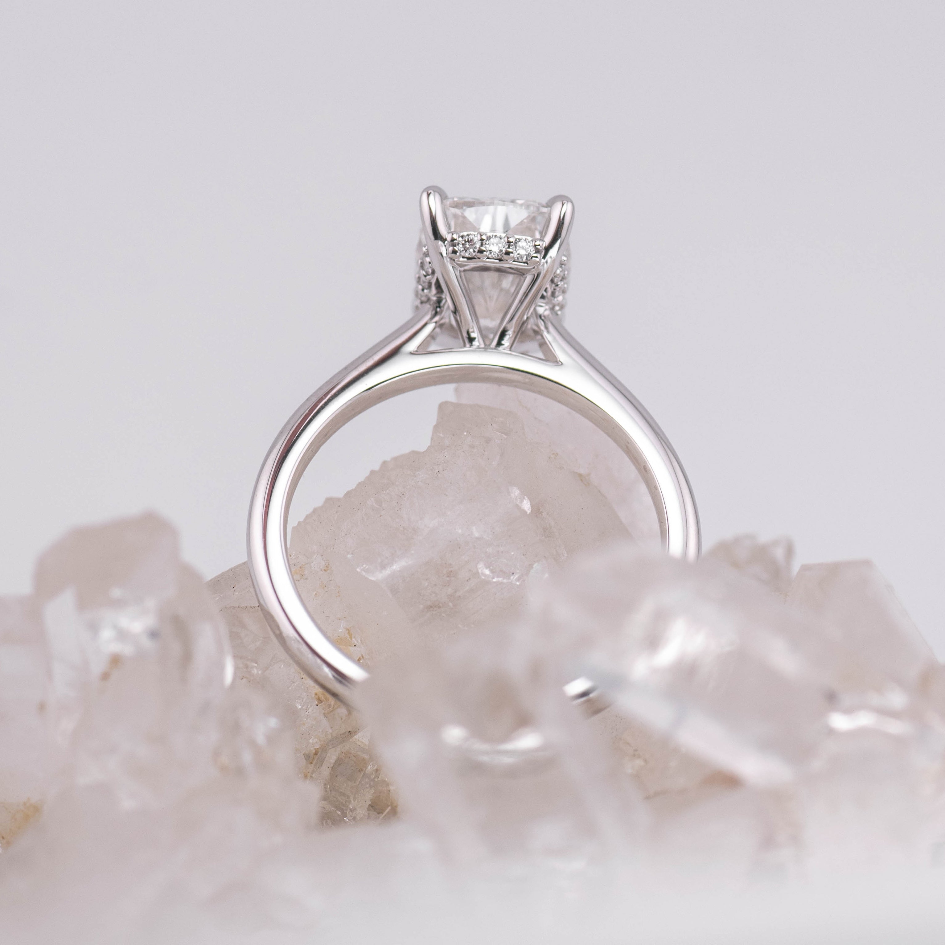 (Ready to Ship Size M) - Ruth 2.5 – Cathedral & Hidden Halo Elongated Cushion 2.5ct E VVS2 Solitaire in 18k White Gold