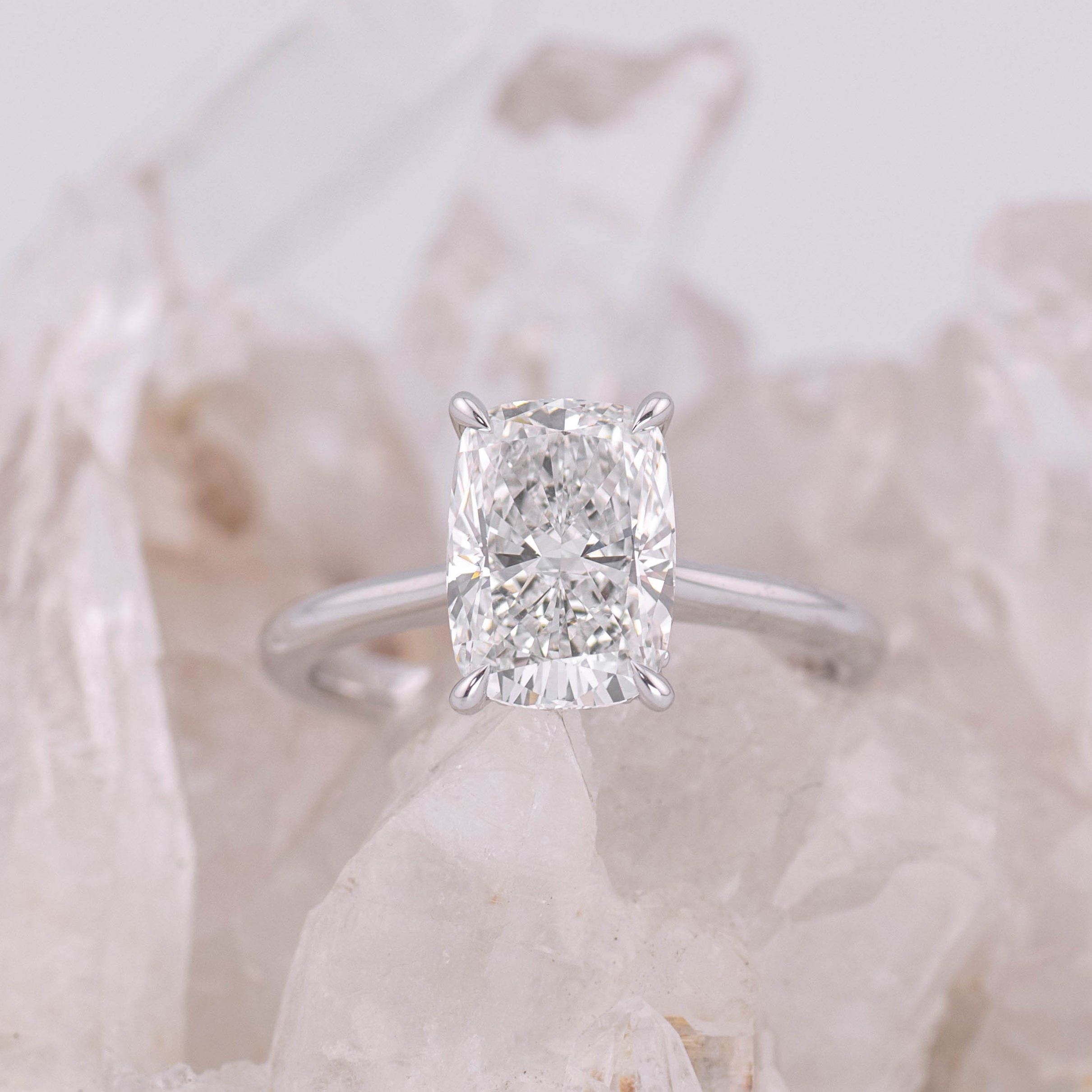 (Ready to Ship Size M) - Ruth 2.5 – Cathedral & Hidden Halo Elongated Cushion 2.5ct E VVS2 Solitaire in 18k White Gold