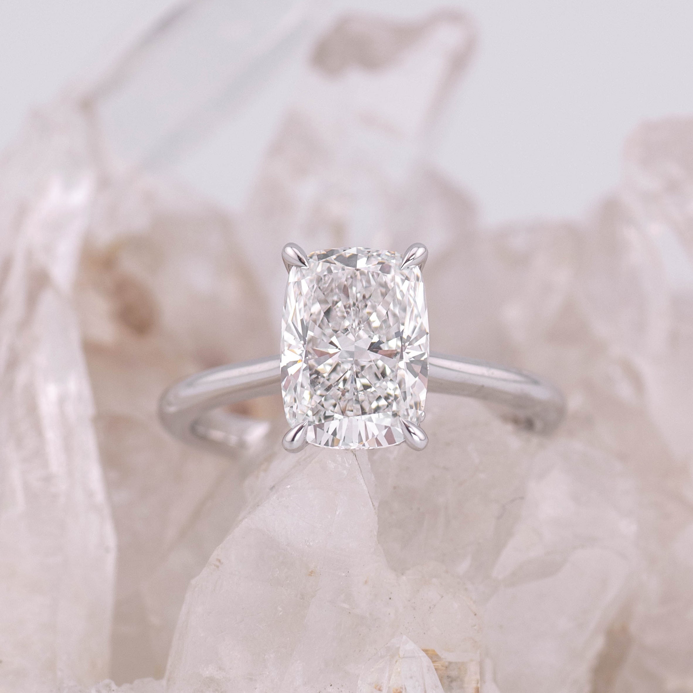 (Ready to Ship Size M) - Ruth 2.5 – Cathedral & Hidden Halo Elongated Cushion 2.5ct E VVS2 Solitaire in 18k White Gold