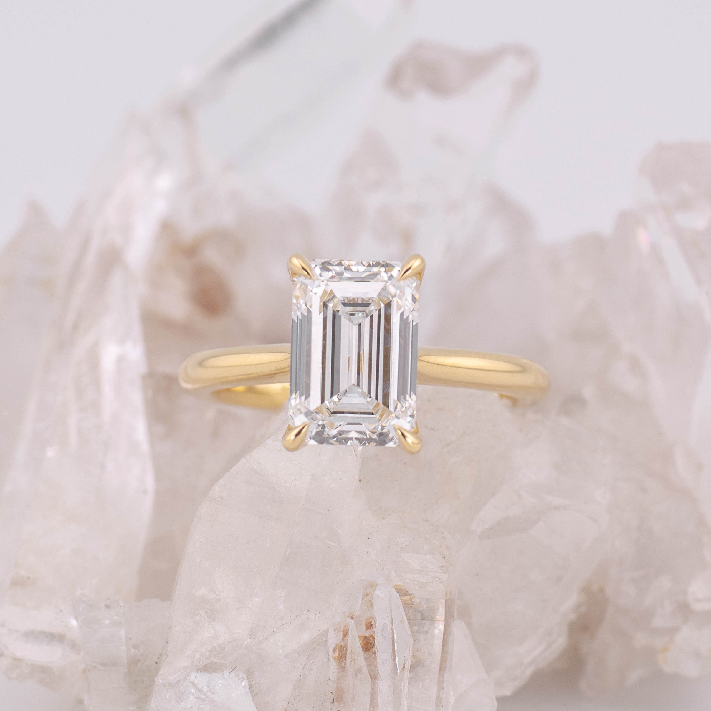 (Ready to Ship Size M) - Petal Emerald Cut – 4 Claw 3ct E VVS2 Solitaire in 18k Yellow Gold