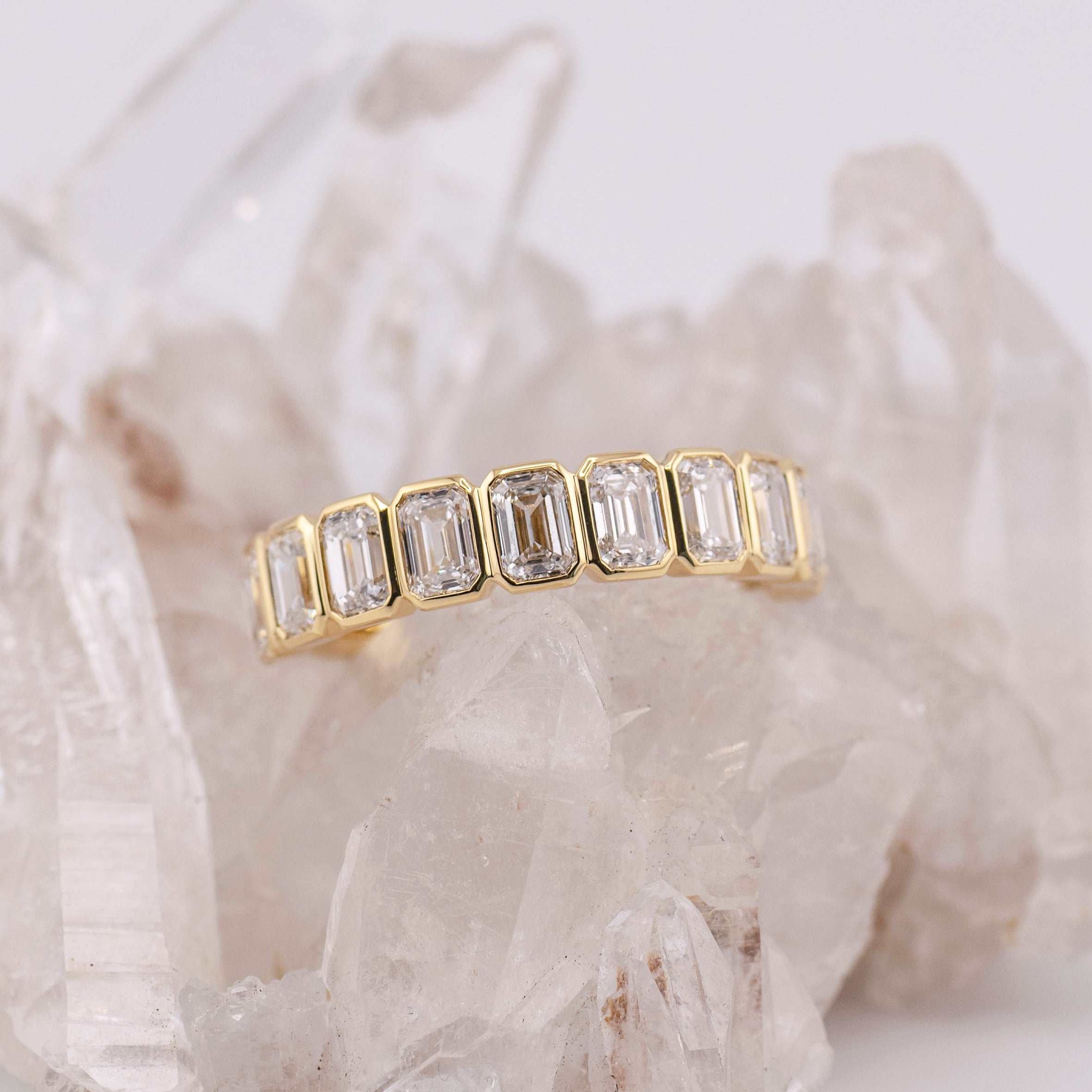 (Ready to Ship M) Willow 1/2 Band North/South Emerald Bezel Set Wedding/Eternity Ring 18k Yellow Gold