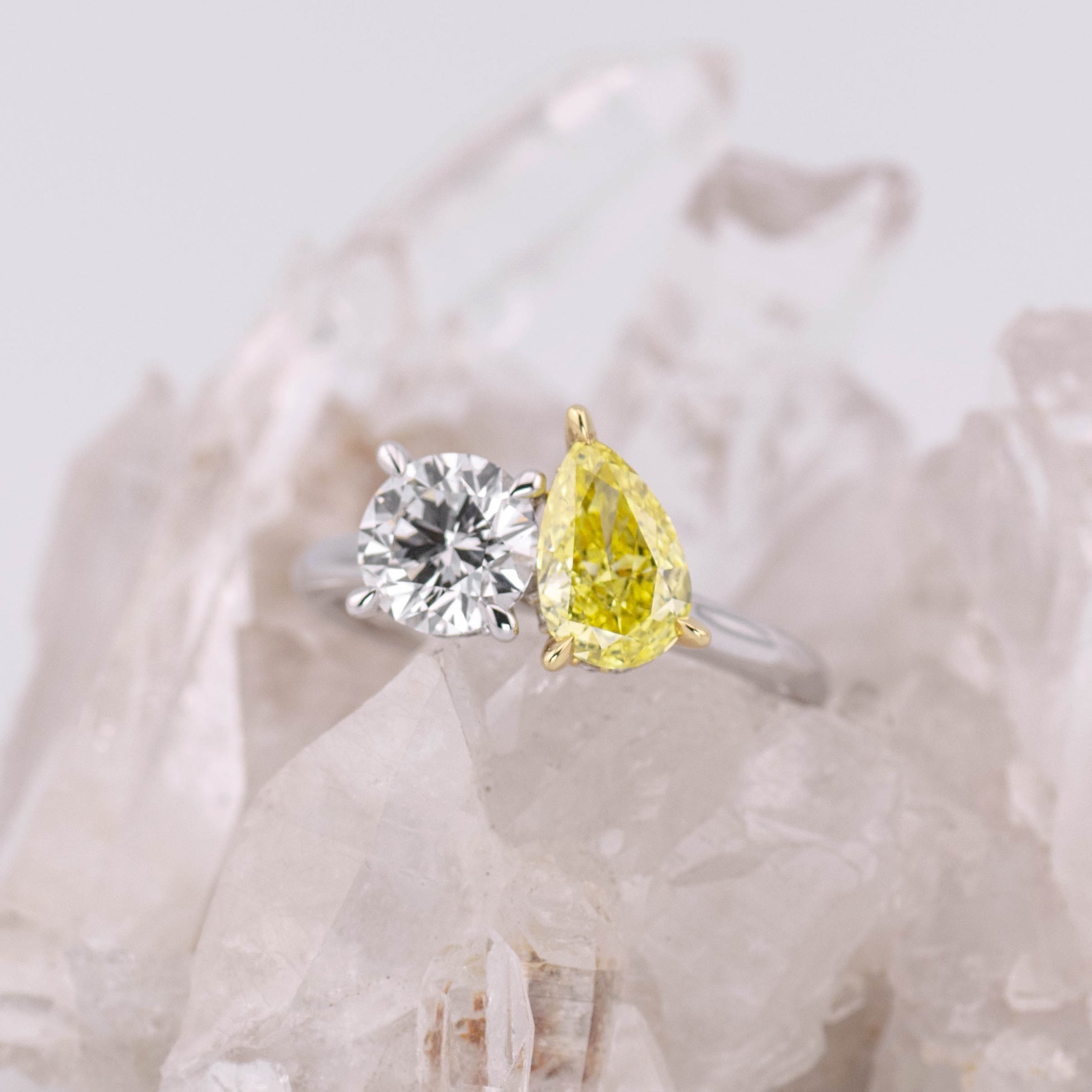 ** ONE ONLY SUPER SALE ** (Ready to Ship Size M) - Custom White and Yellow Toi et Moi Lab Diamond Ring in 18k White Gold