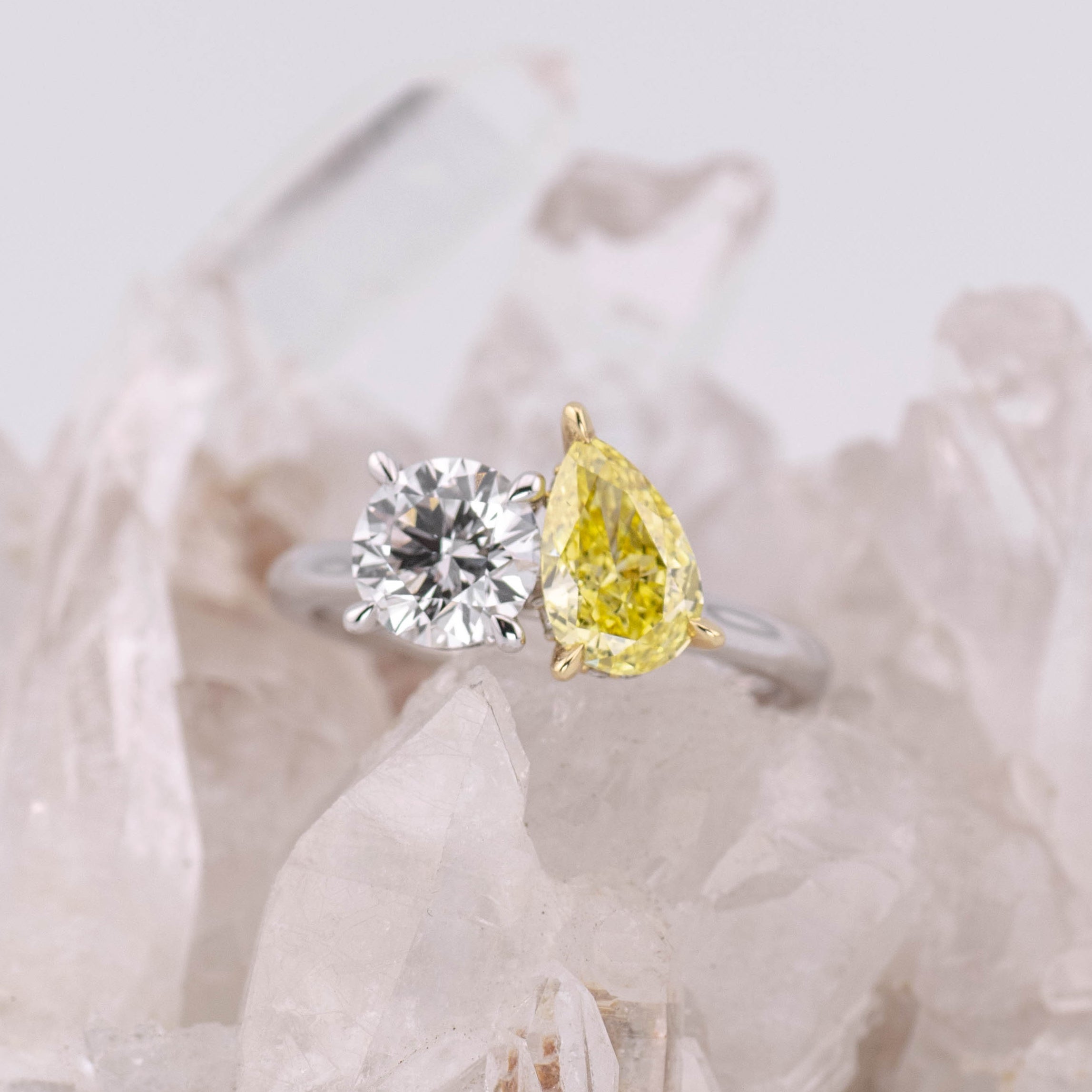 ** ONE ONLY SUPER SALE ** (Ready to Ship Size M) - Custom White and Yellow Toi et Moi Lab Diamond Ring in 18k White Gold