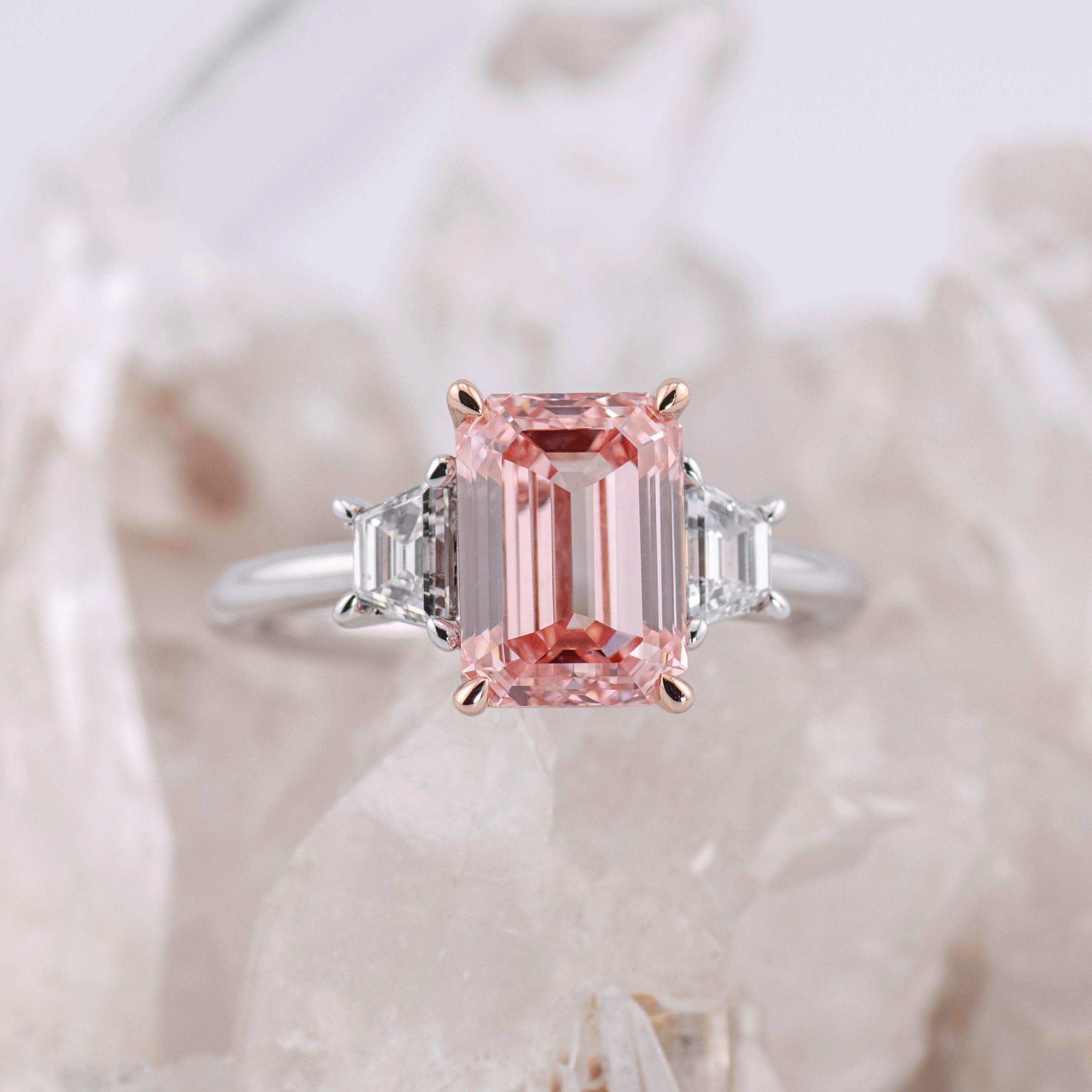 ** ONE ONLY SUPER SALE ** (Ready to Ship Size M) - Custom Pink Diamond 3ct Emerald Cut Trilogy